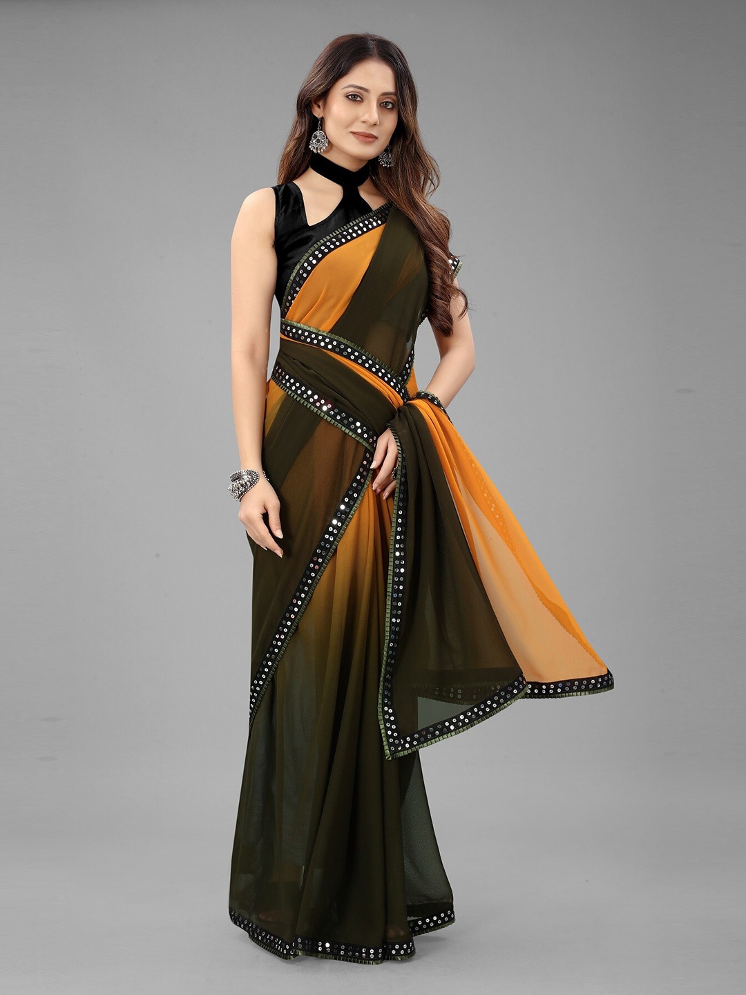 

M M Venture Yellow & Black Ombre Sequinned Pure Georgette Saree