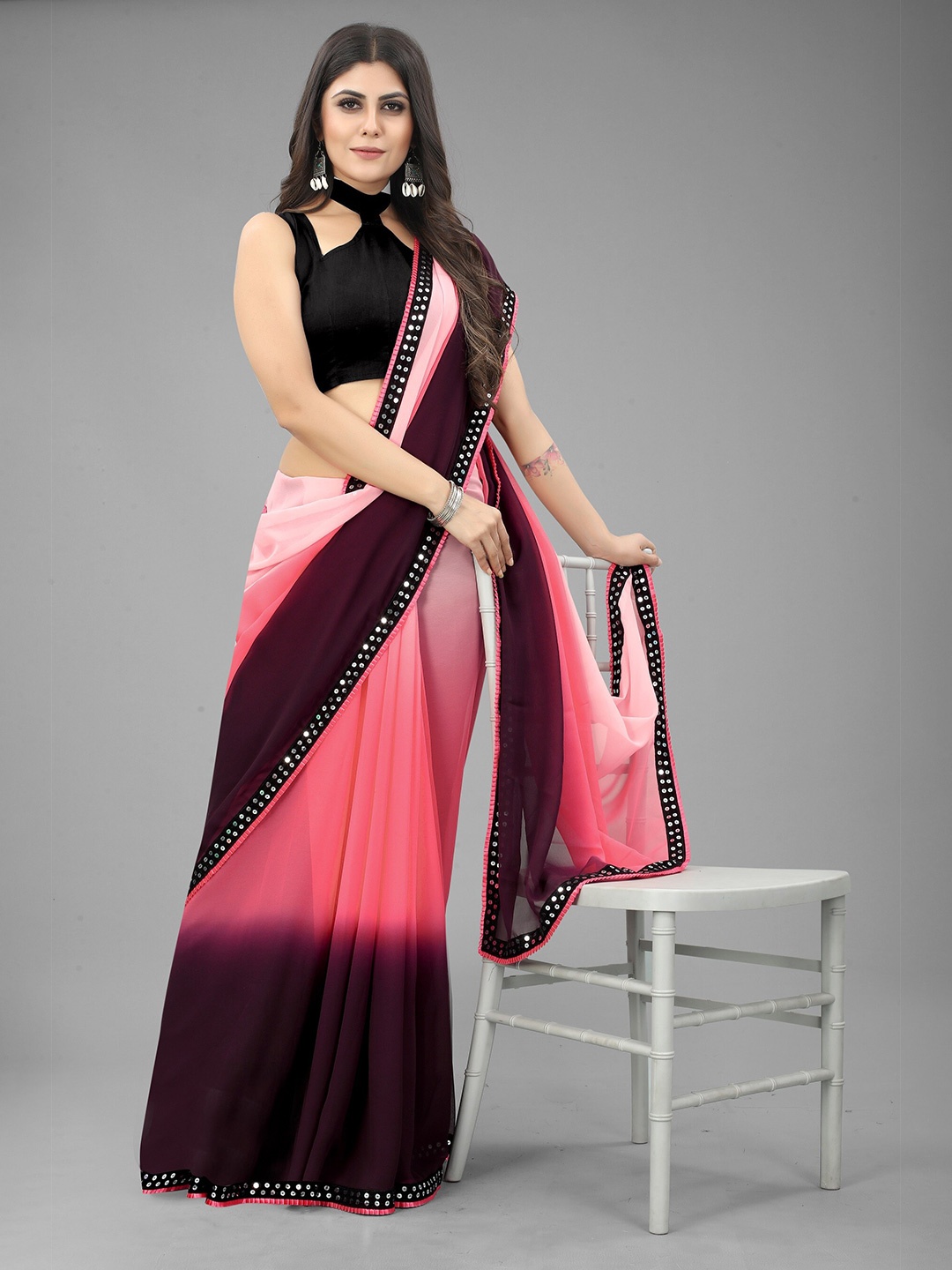 

M M Venture Pink & Black Sequinned Pure Georgette Saree