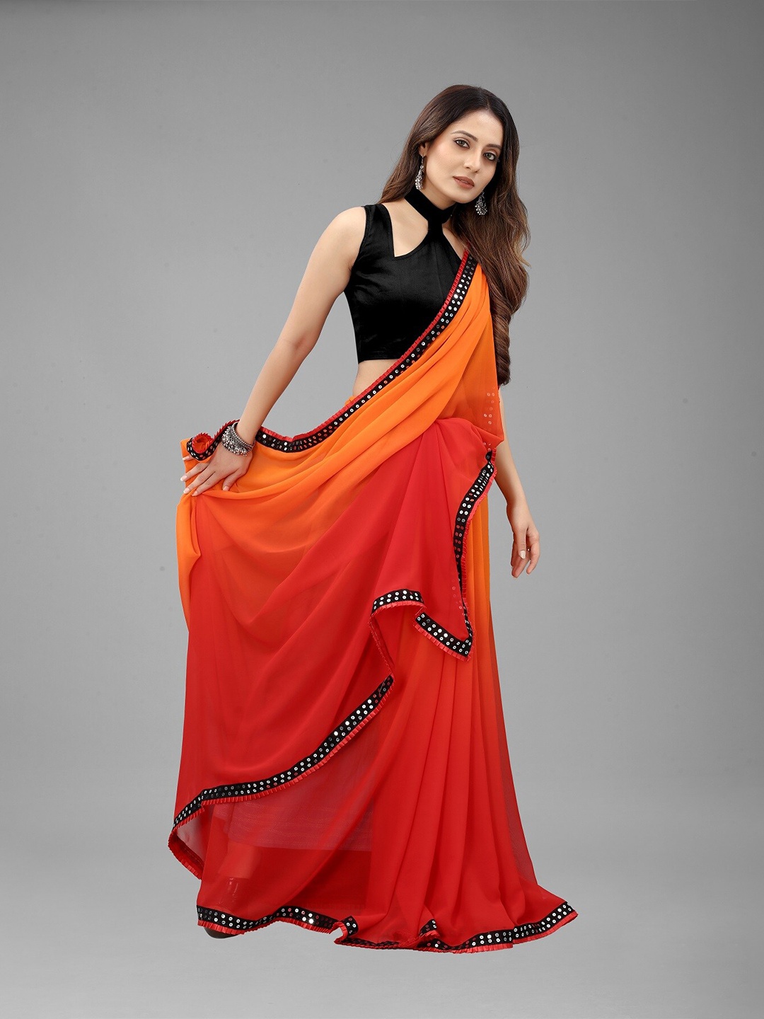 

M M Venture Red & Black Sequinned Pure Georgette Saree