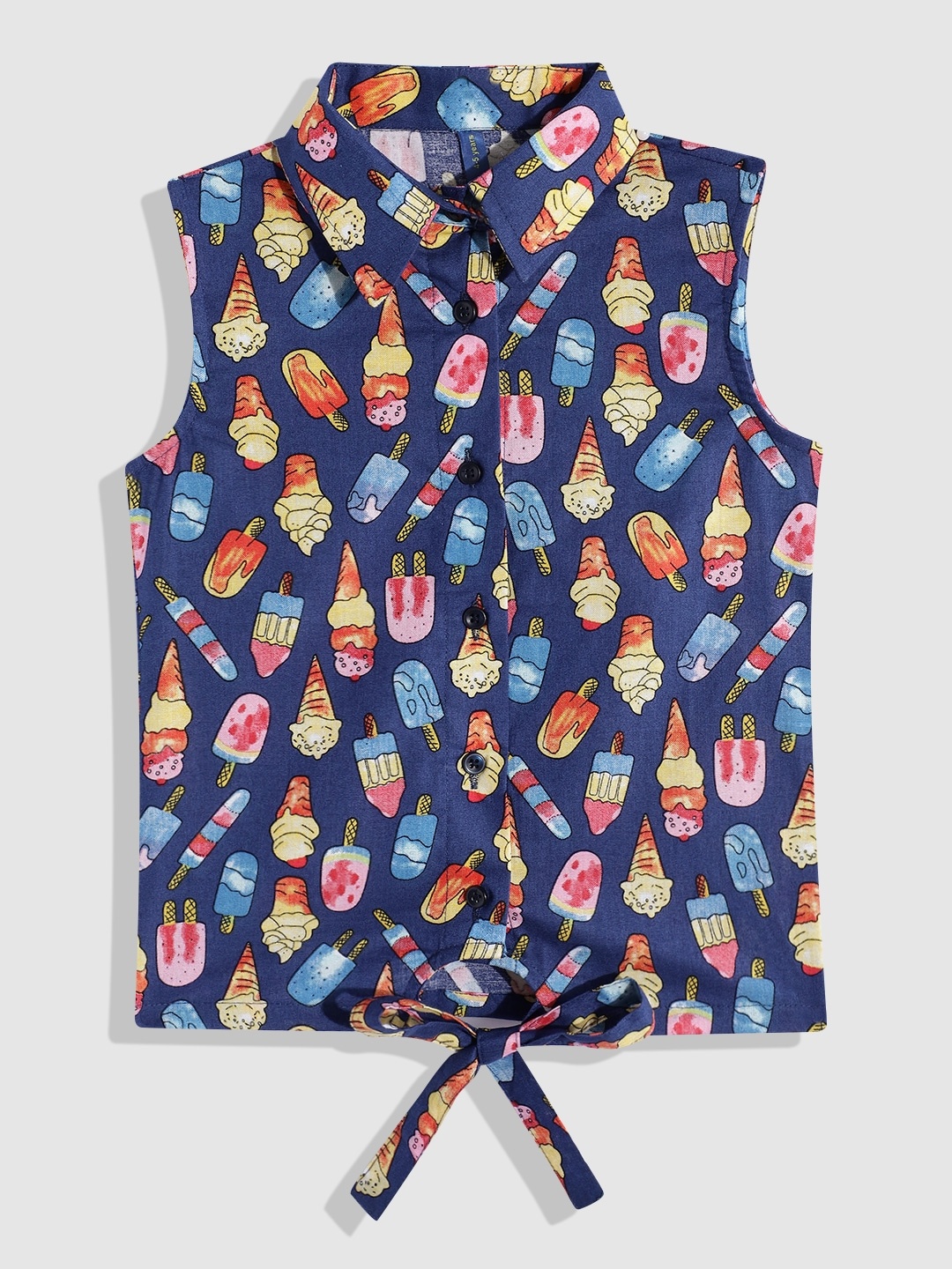 

YK Girls Pure Cotton Conversational Print Shirt Style Top, Navy blue