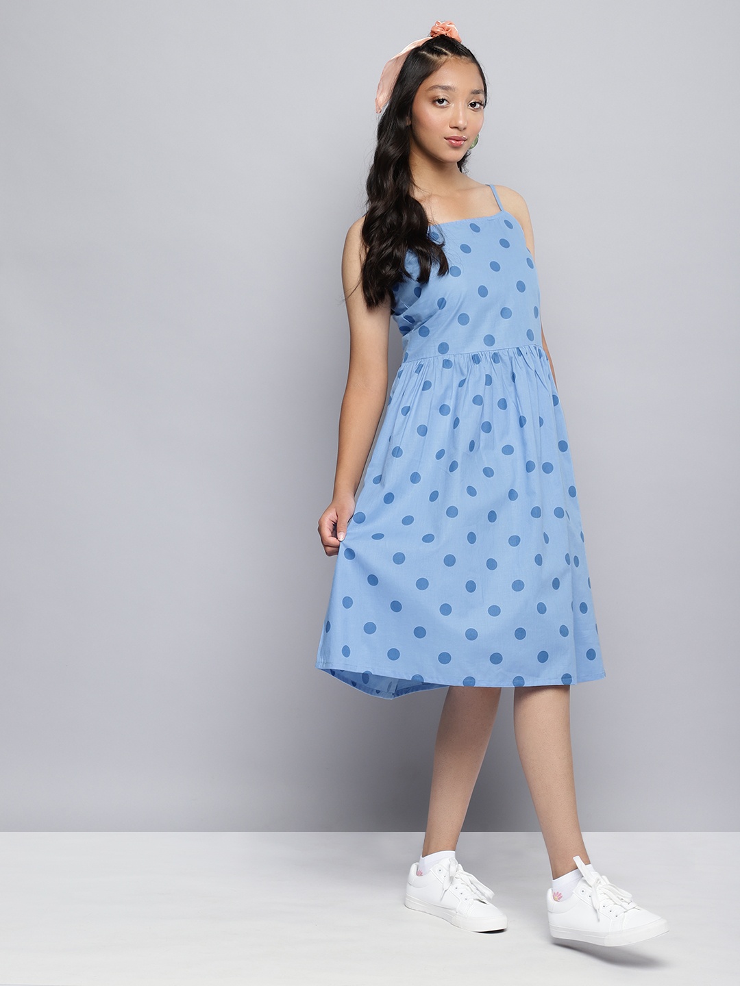 

YK Girls Pure Cotton Polka Dot Print Fit & Flare Dress, Blue