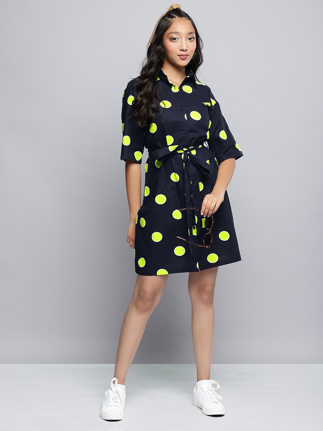 

YK Girls Pure Cotton Polka Dots Print Shirt Dress, Black