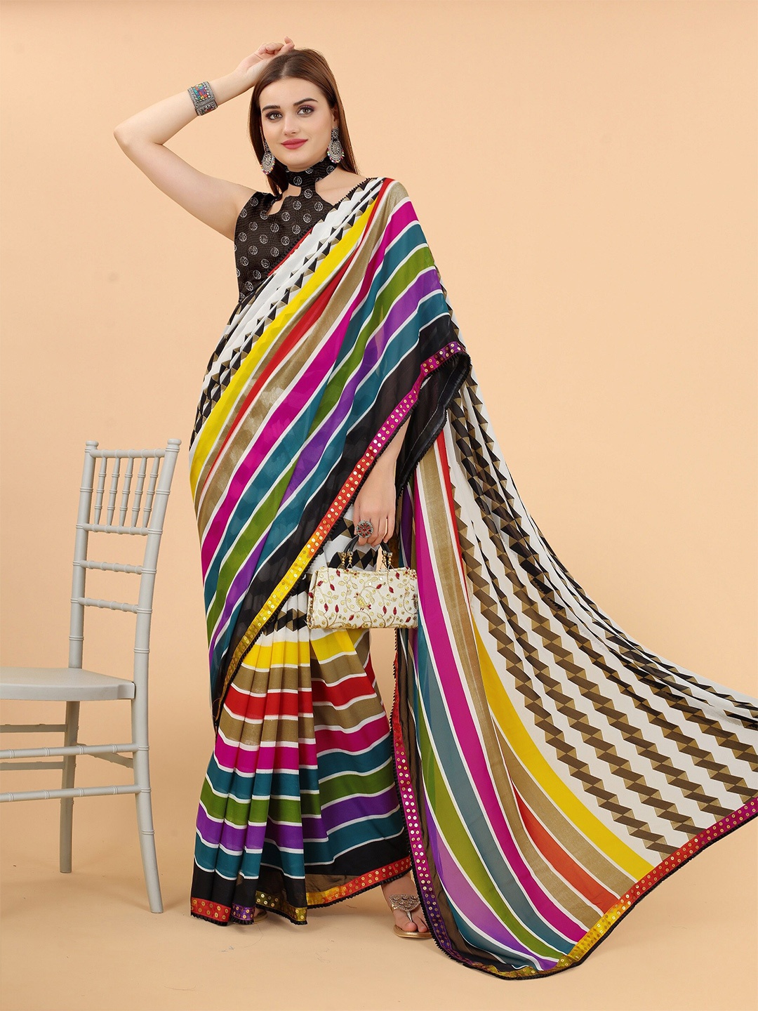 

M M Venture Multicoloured Striped Pure Georgette Saree, Multi