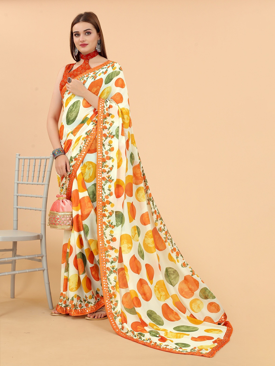 

M M Venture Off White & Orange Geometric Printed Pure Georgette Saree