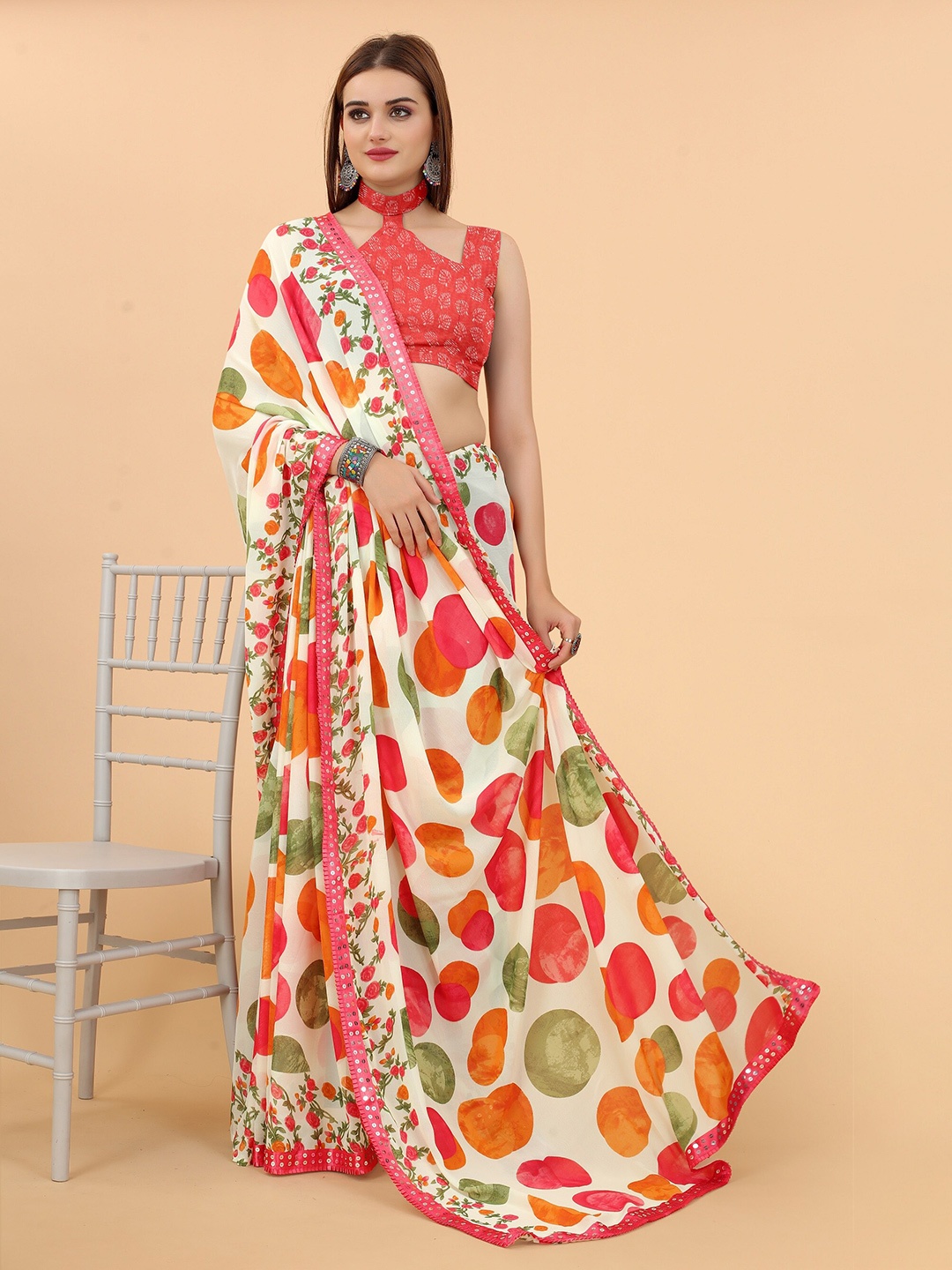 

M M Venture Off White & Pink Printed Sequinned Pure Georgette Saree