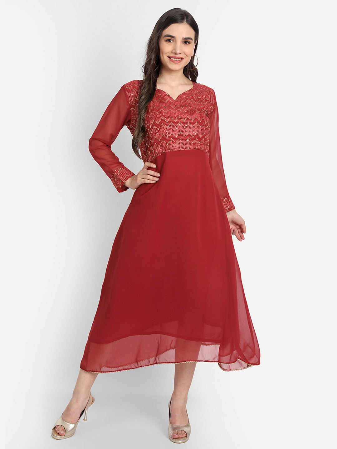 

Leelyfab Maroon & Gold-Toned Embellished Semi-Stitched Dress Material