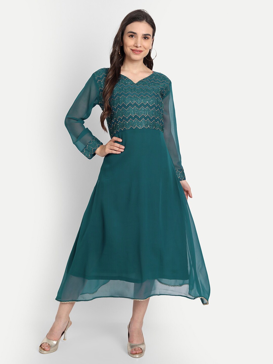 

Leelyfab Women Teal & Gold-Toned Embellished Semi-Stitched Dress Material