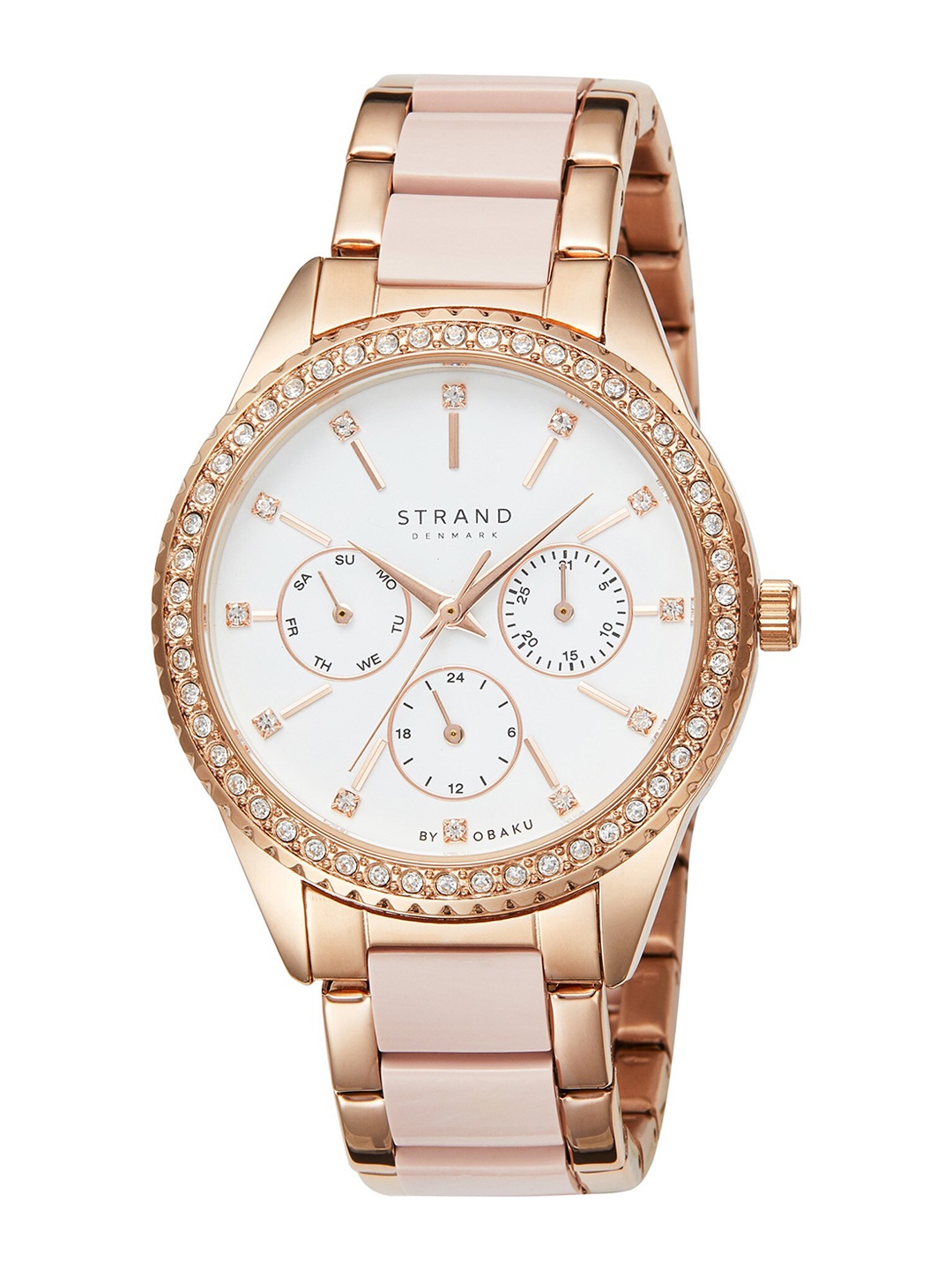 

STRAND BY OBAKU Women White Brass Embellished Dial & Rose Gold Toned Stainless Steel Bracelet Style Straps Watch