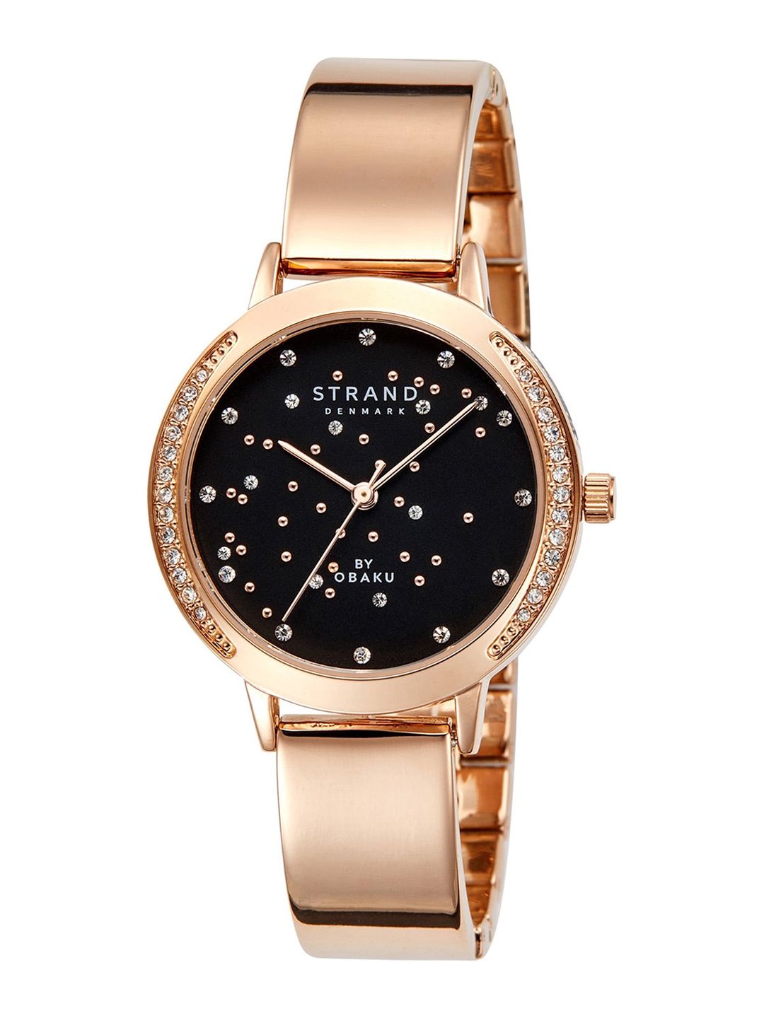 

STRAND BY OBAKU Women Black Brass Embellished Dial & Rose Gold Toned Stainless Steel Bracelet Style Straps Watch