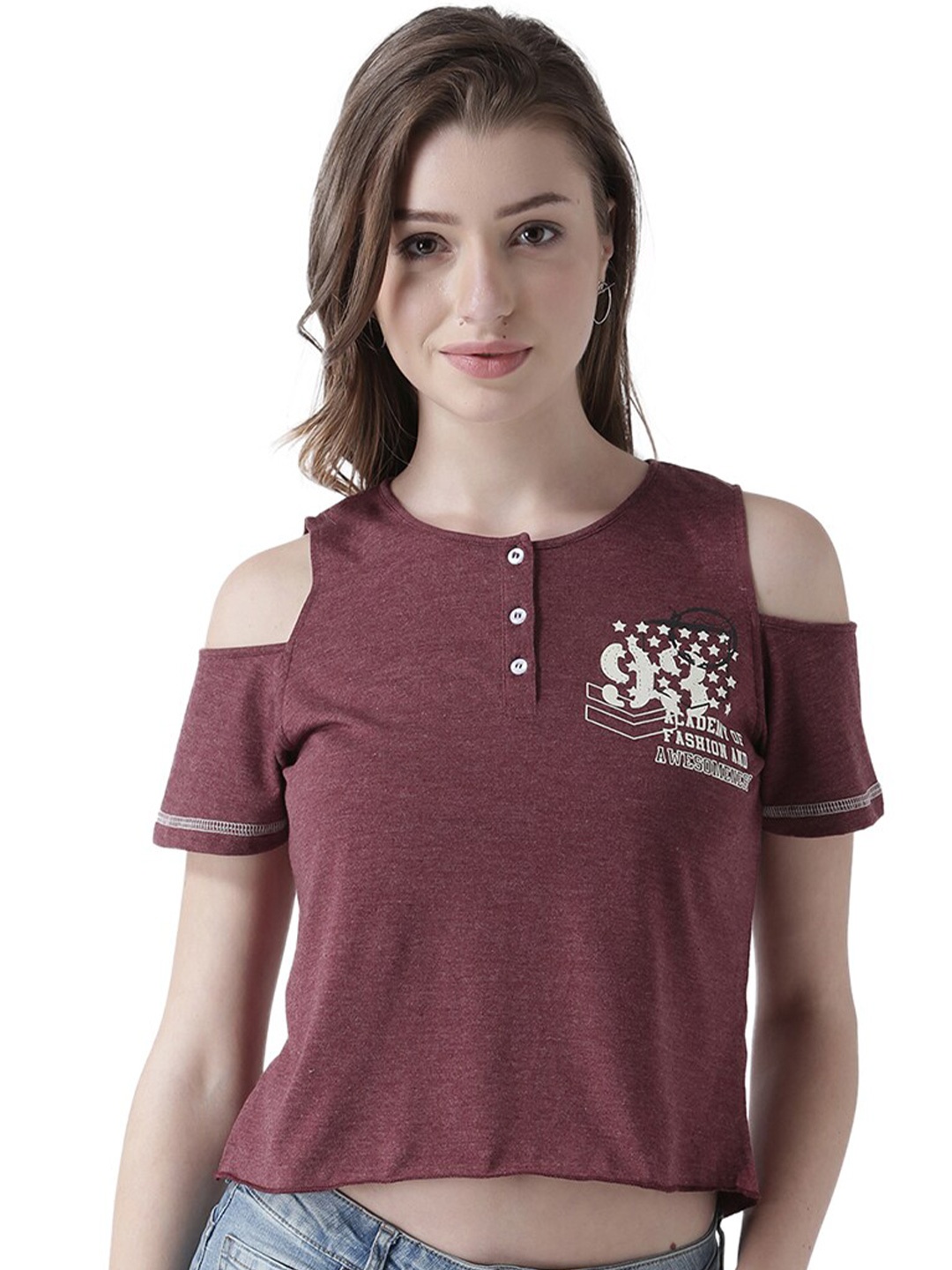 

The Vanca Women Maroon Henley Neck T-shirt