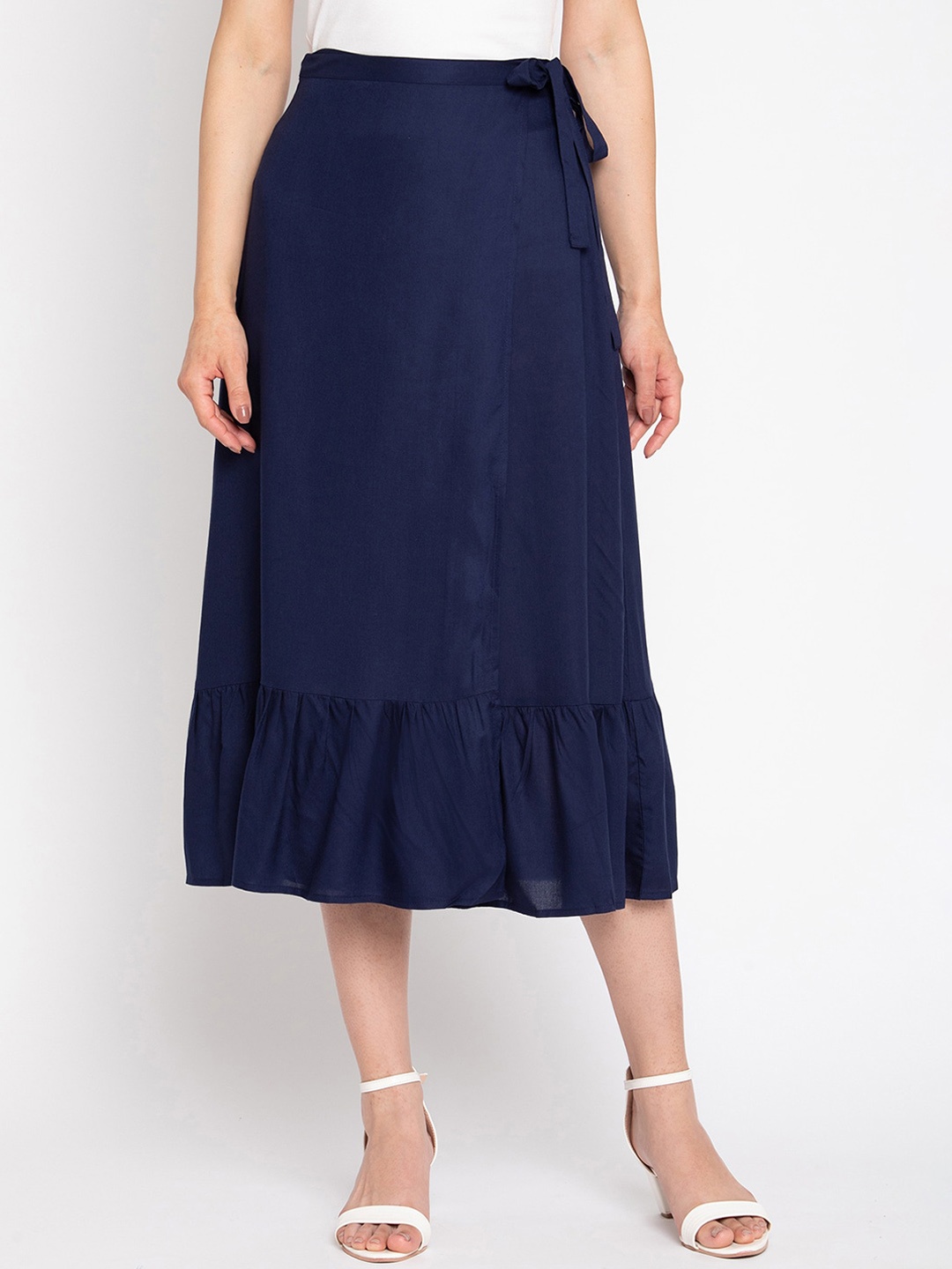 

The Vanca Women Blue Solid Wrap Midi Skirt