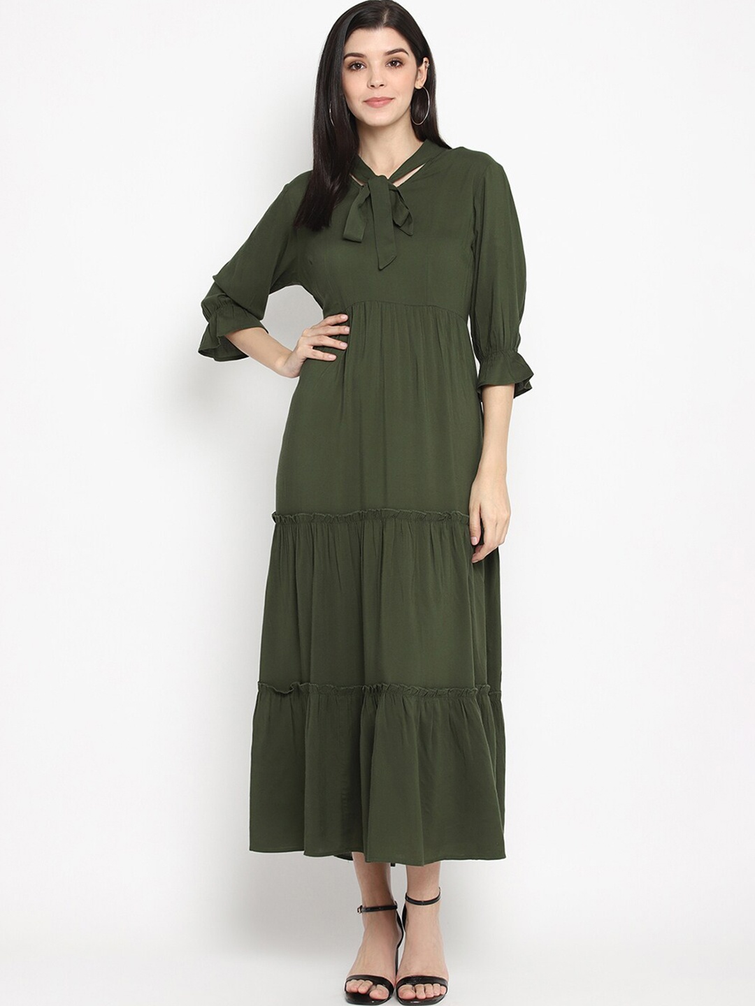 

The Vanca Green Tie-Up Neck Solid Tiered Maxi Dress