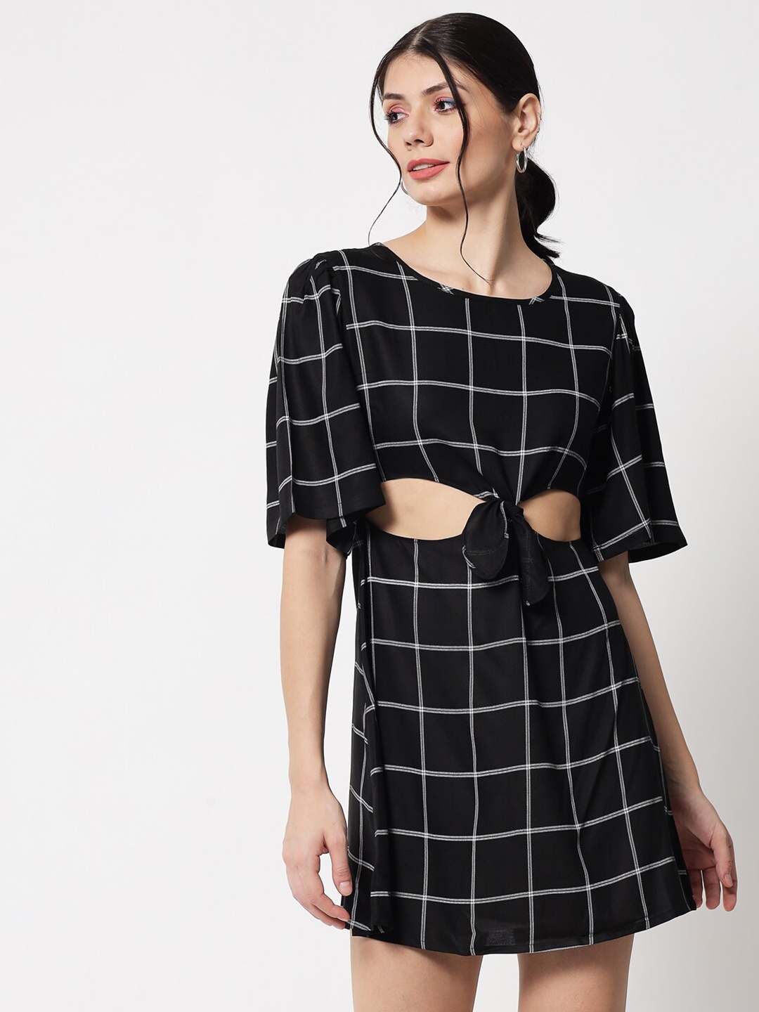 

The Vanca Women Black & White Checked A-Line Cotton Dress