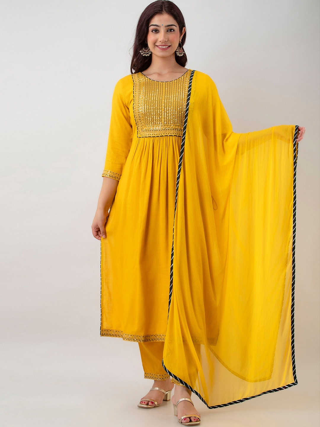 

Charu Women Mustard Yellow Embroidered Pleated Kurta with Trousers & With Dupatta
