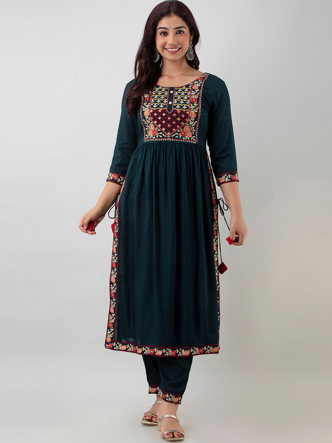 

Charu Women Teal Yoke Design Pleated Kurta with Trousers & With Dupatta