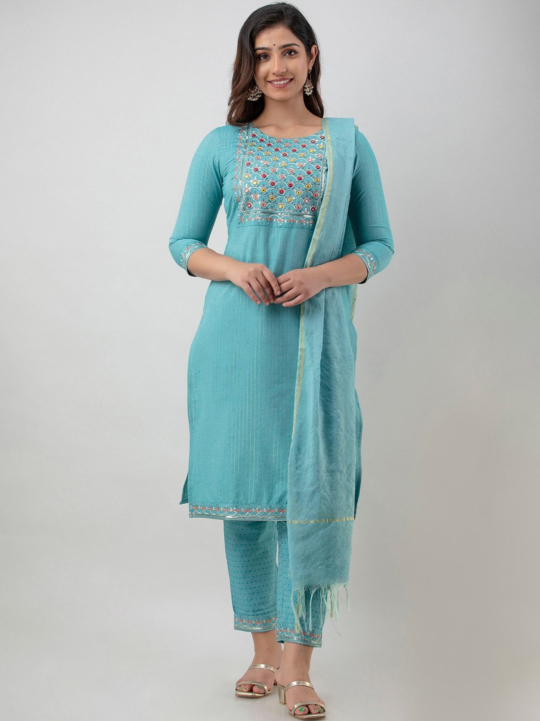 

Charu Women Sea Green Yoke Design Mirror Work Kurta with Trousers & Dupatta