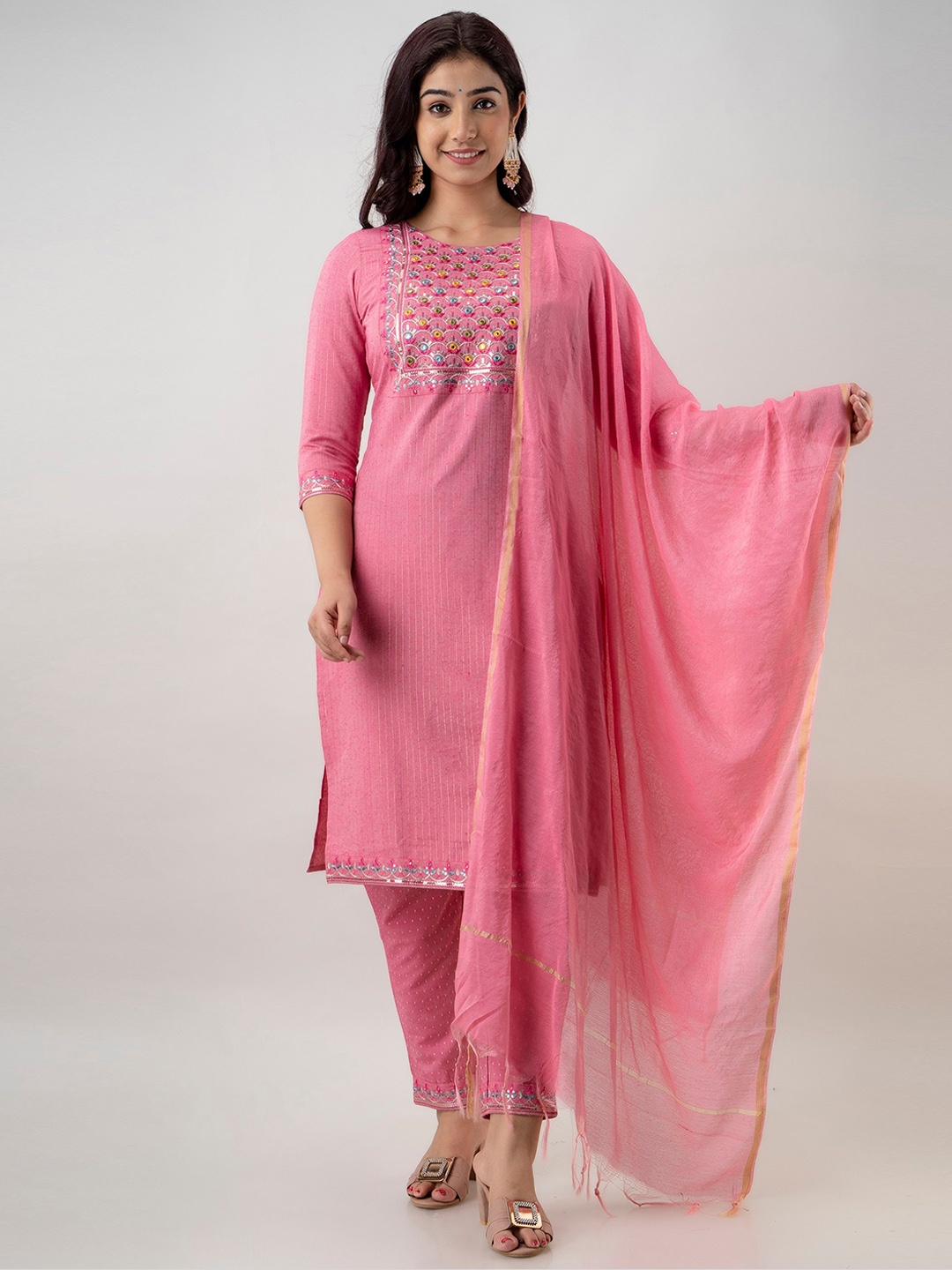 

Charu Women Pink Striped Embroidered Kurta with Trousers & Dupatta
