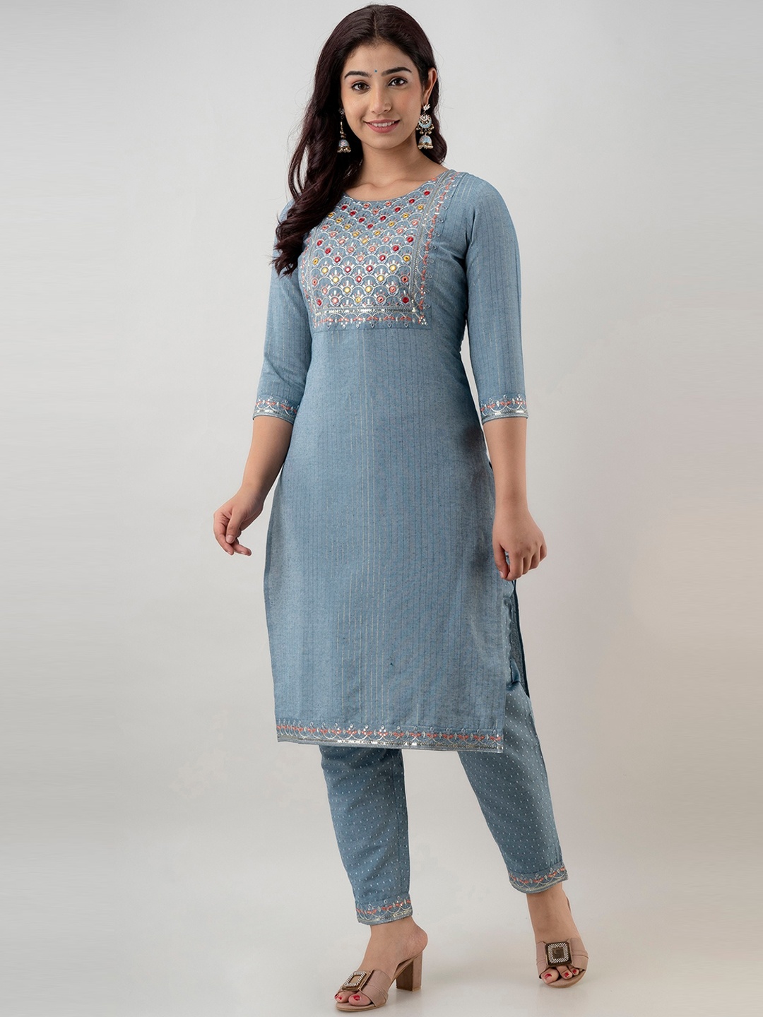 

Charu Women Grey Embroidered Straight Kurta with Trousers & With Dupatta