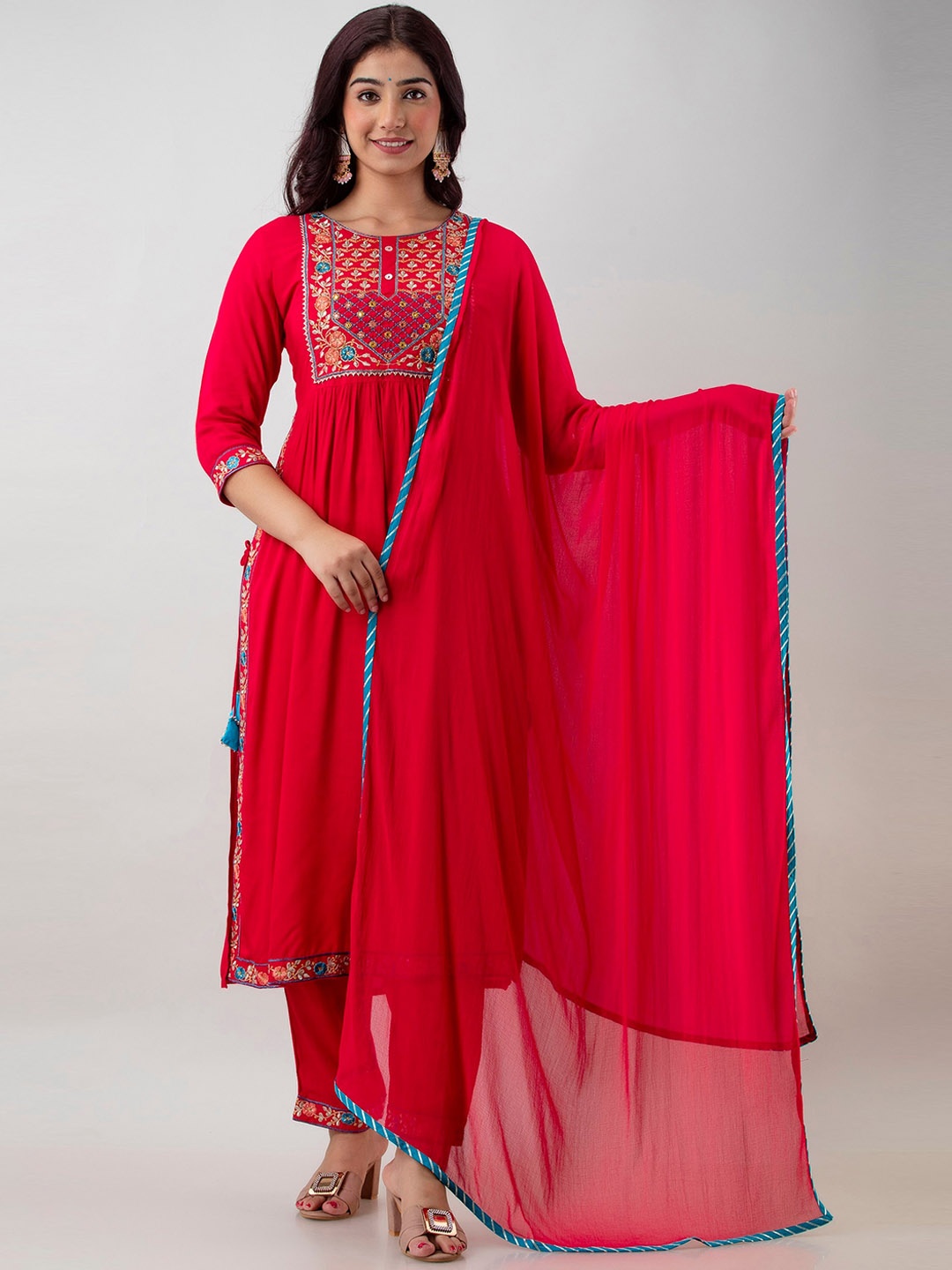 

Charu Women Pink Floral Embroidered Sequinned Kurta with Trousers & With Dupatta