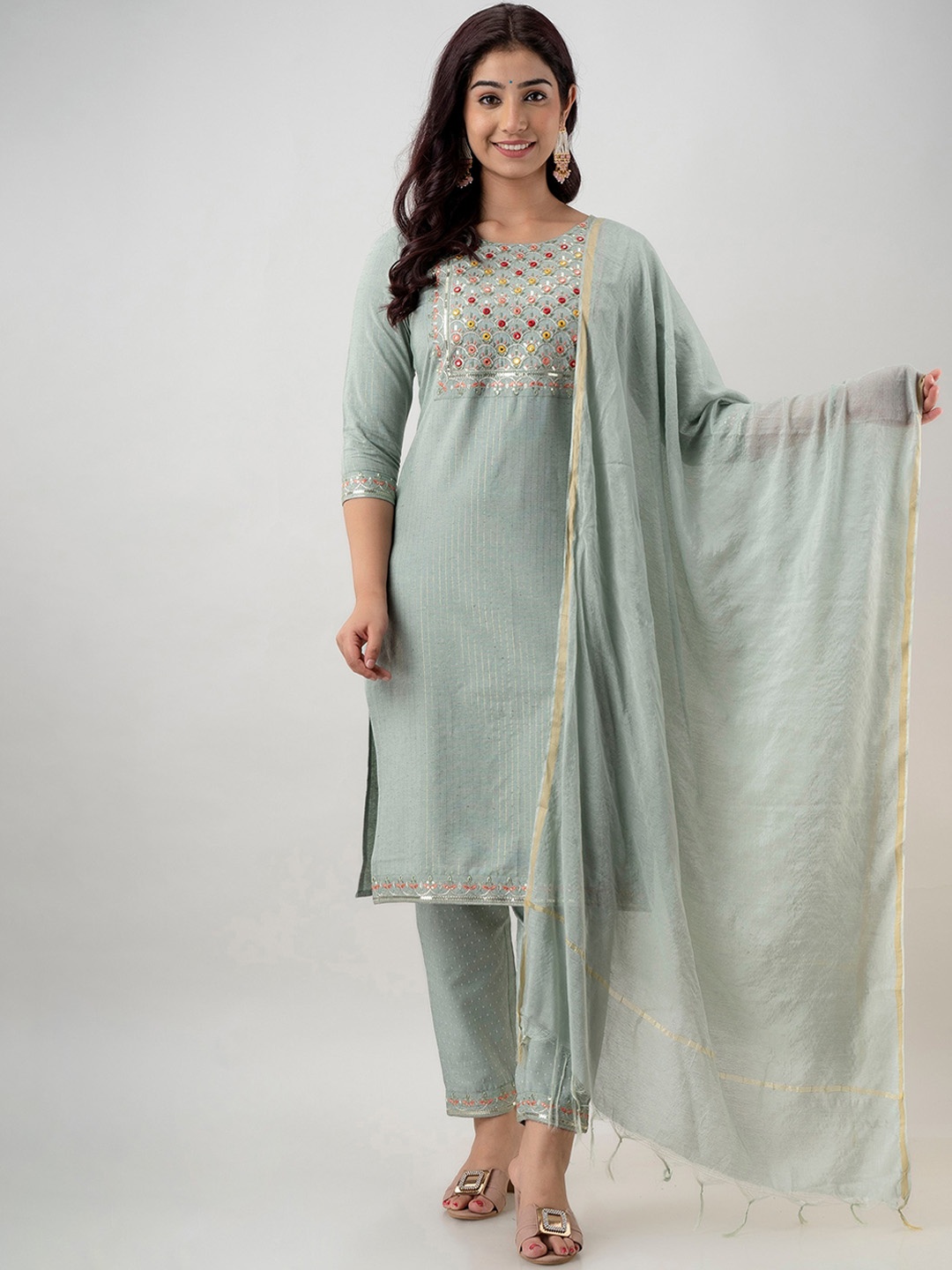 

Charu Women Green Embroidered Mirror Work Kurta with Trousers & With Dupatta
