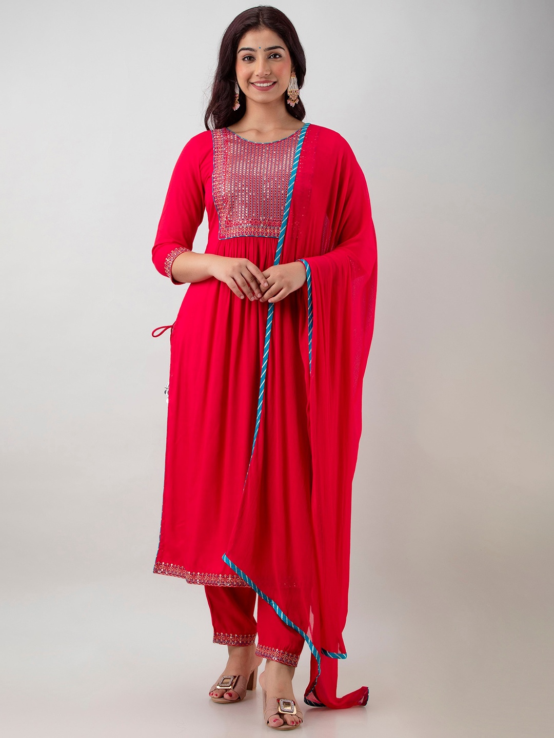 

Charu Women Pink Ethnic Motifs Embroidered Pleated Sequinned Kurta with Trousers & With Dupatta