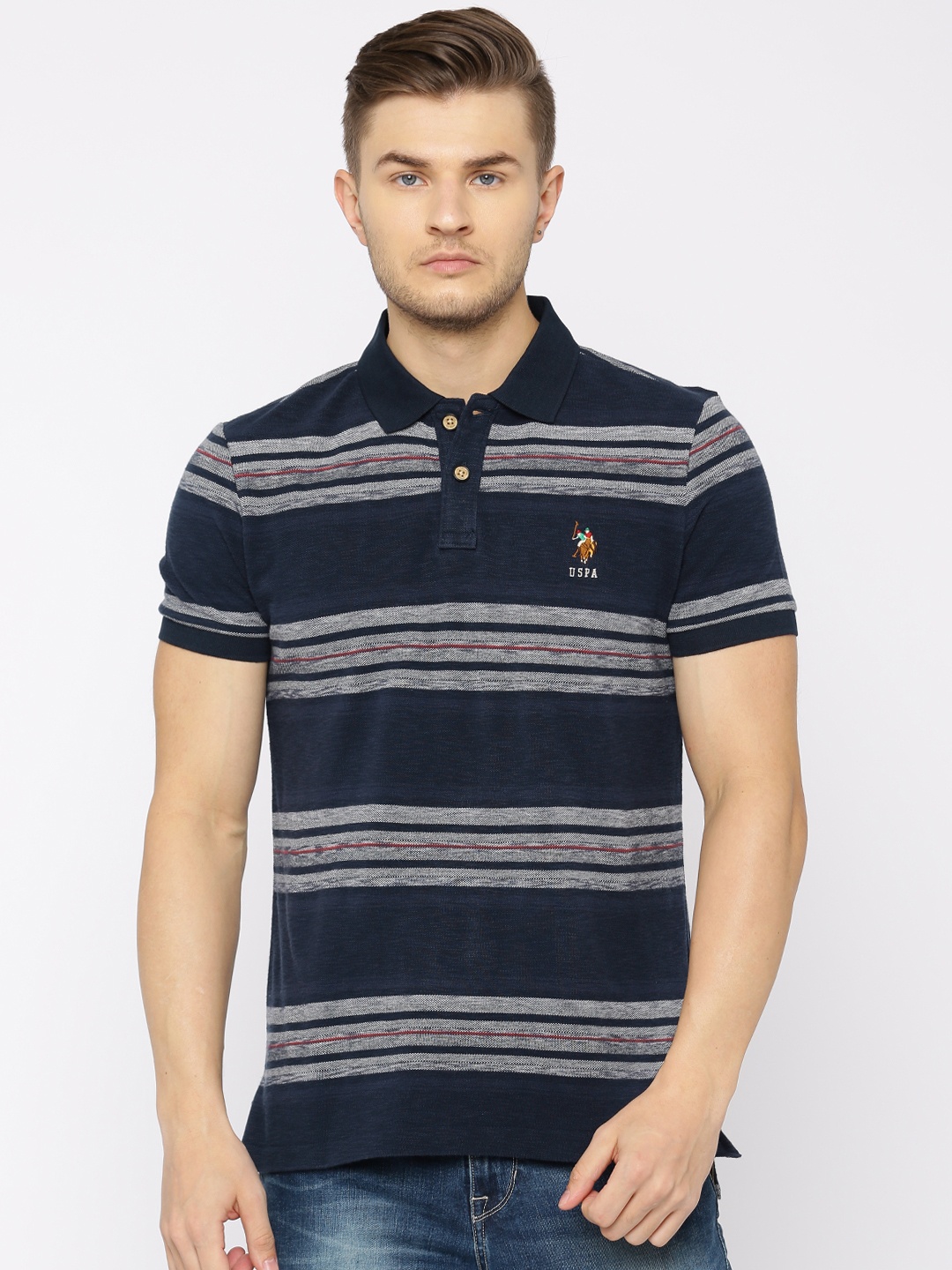 

U.S. Polo Assn. Denim Co. Men Navy Blue Striped Polo Collar T-shirt