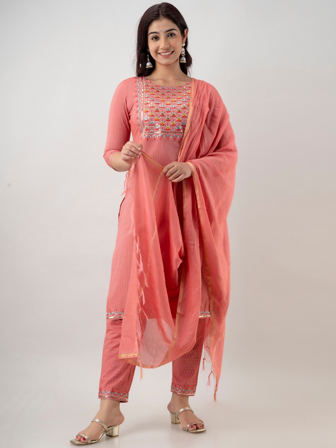 

Charu Women Peach-Coloured Embroidered Mirror Work Kurta with Trousers & With Dupatta