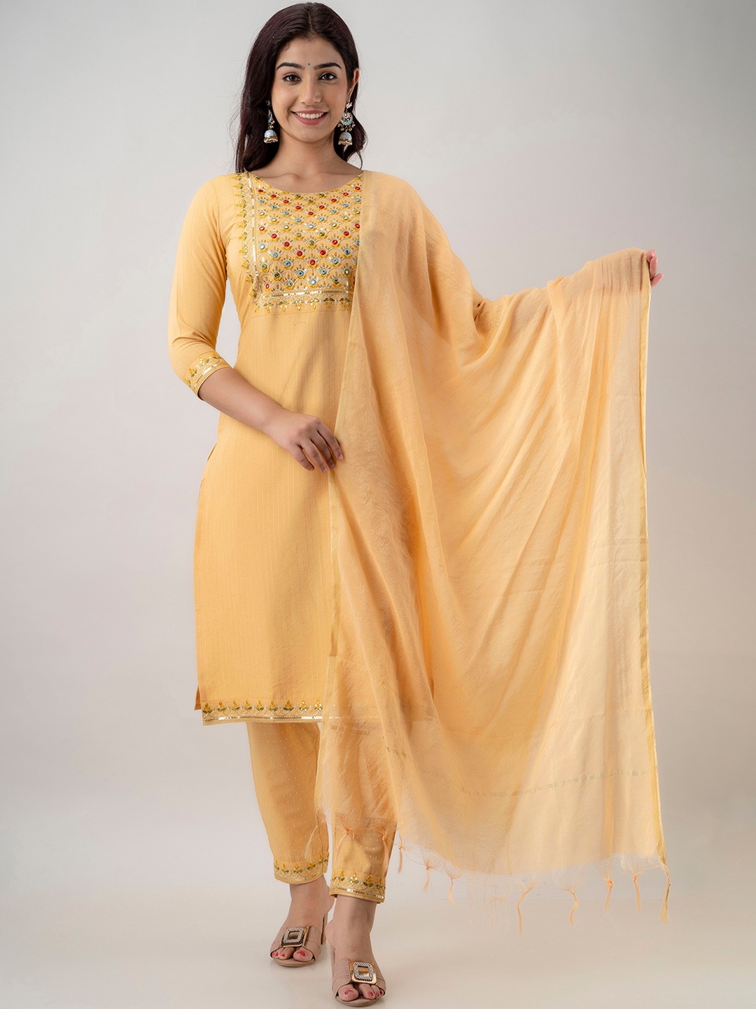 

Charu Women Yellow Embroidered Mirror Work Kurta with Trousers & With Dupatta