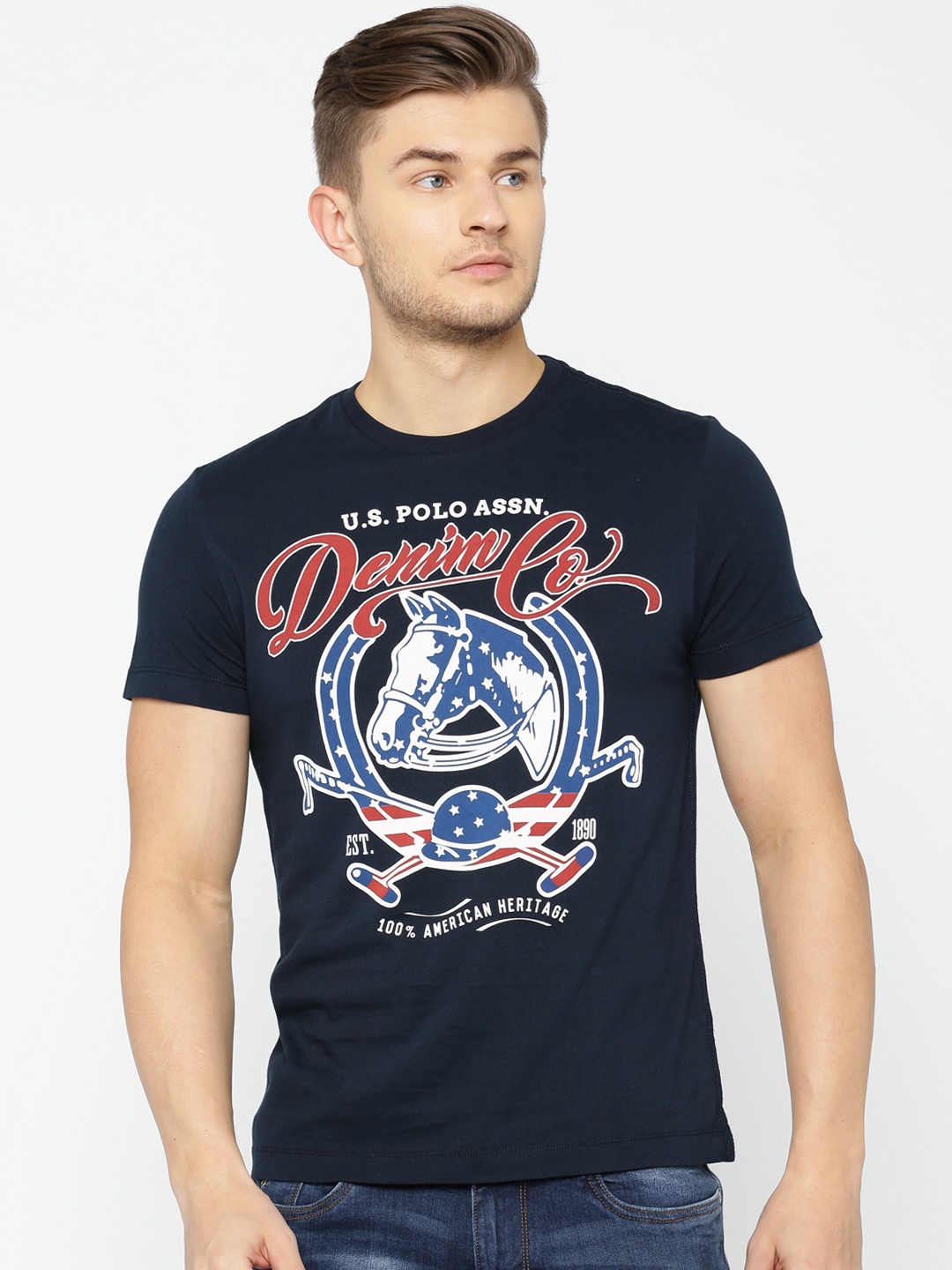 

U.S. Polo Assn. Denim Co. Men Navy Blue Printed Round Neck T-shirt