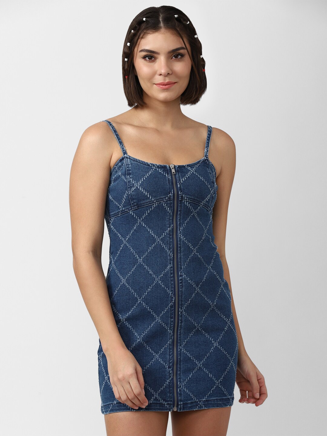 

FOREVER 21 Women Blue Checked Denim Sheath Mini Dress