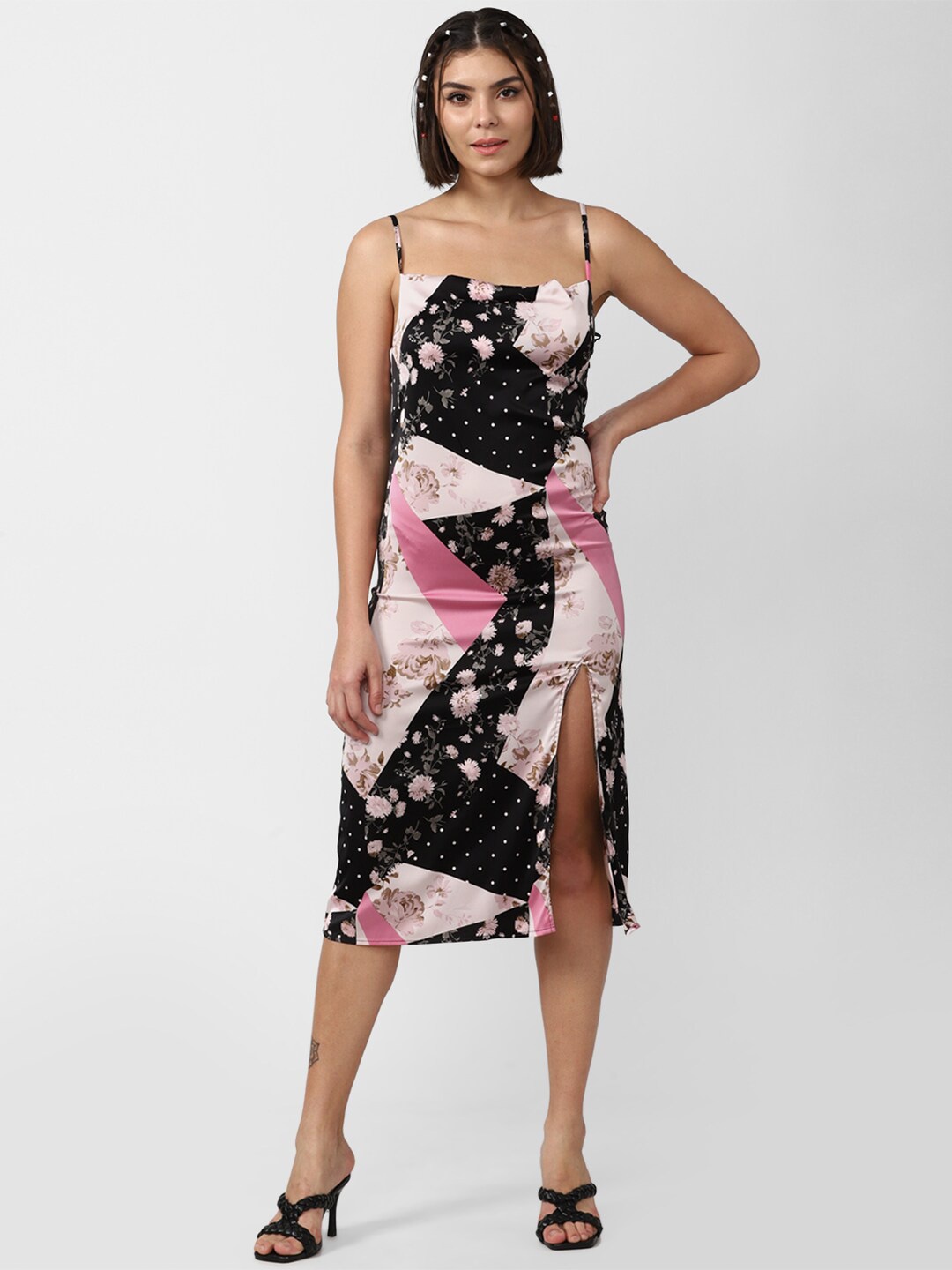 

FOREVER 21 Women Black Floral Sheath Midi Dress