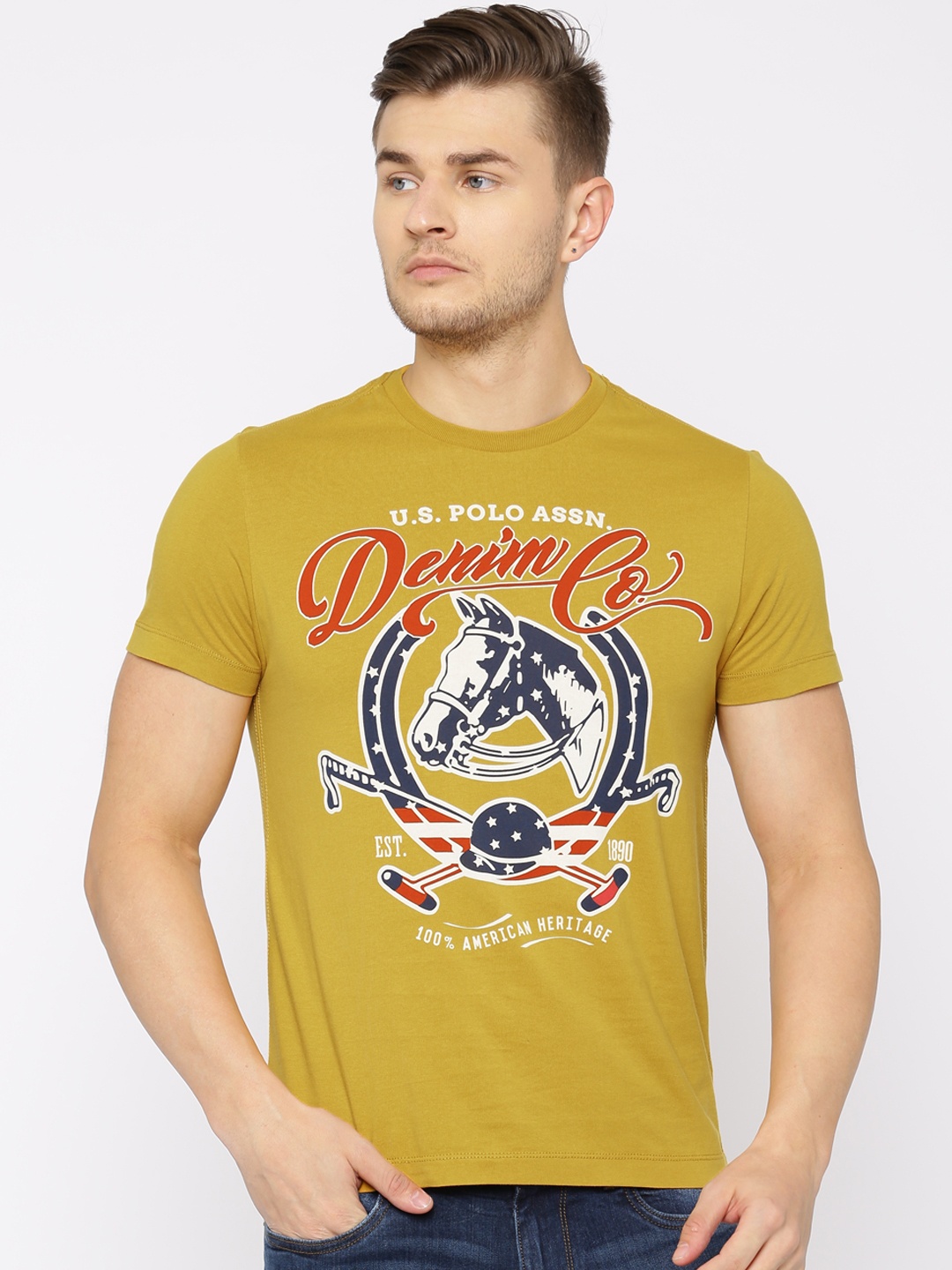 

U.S. Polo Assn. Denim Co. Men Mustard Yellow Printed Round Neck T-shirt
