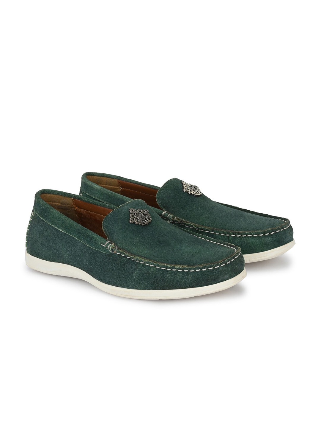 

Alberto Torresi Men Dark Green & White Suede Loafers
