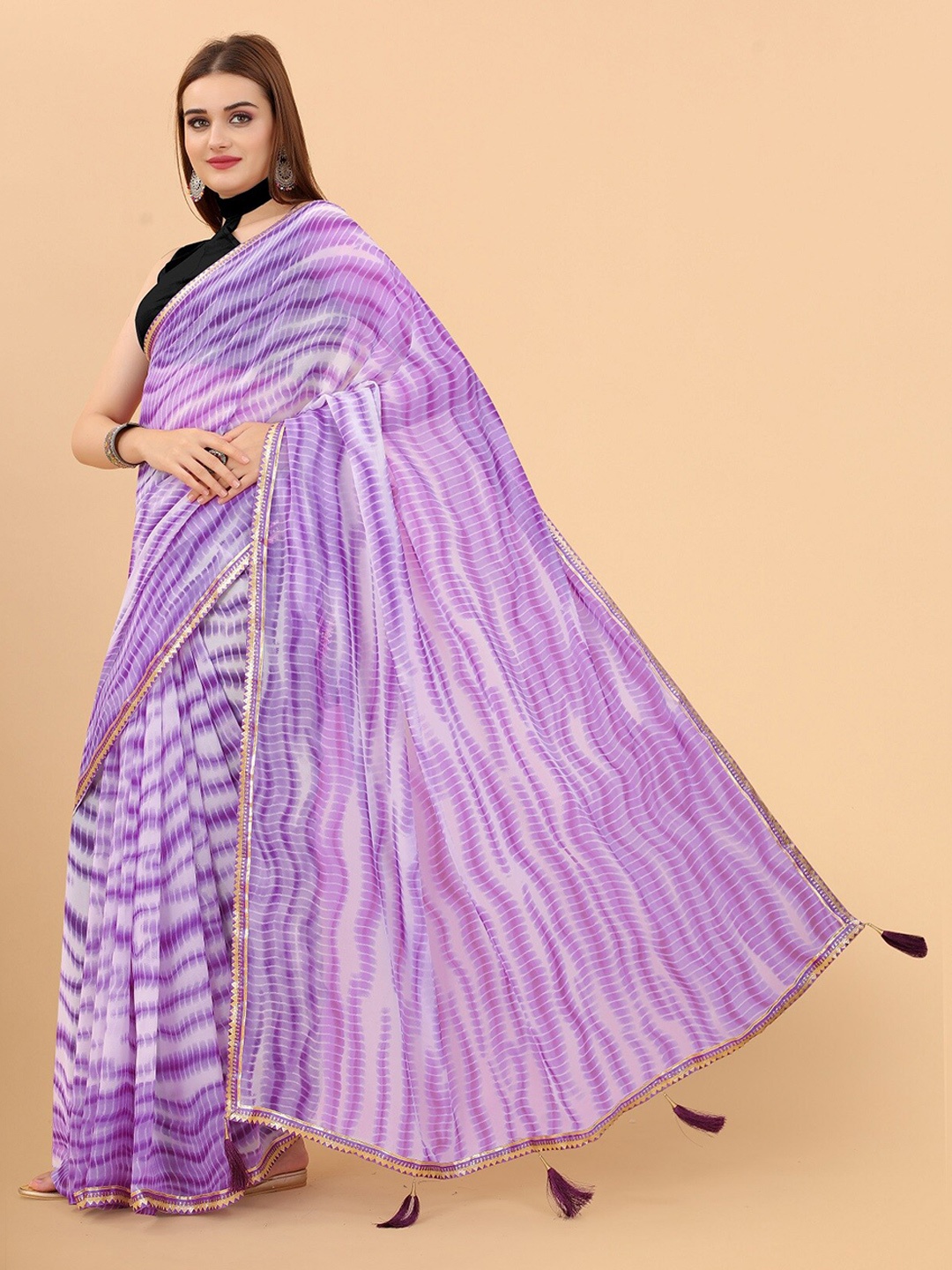 

M M Venture Purple & White Leheriya Pure Georgette Saree