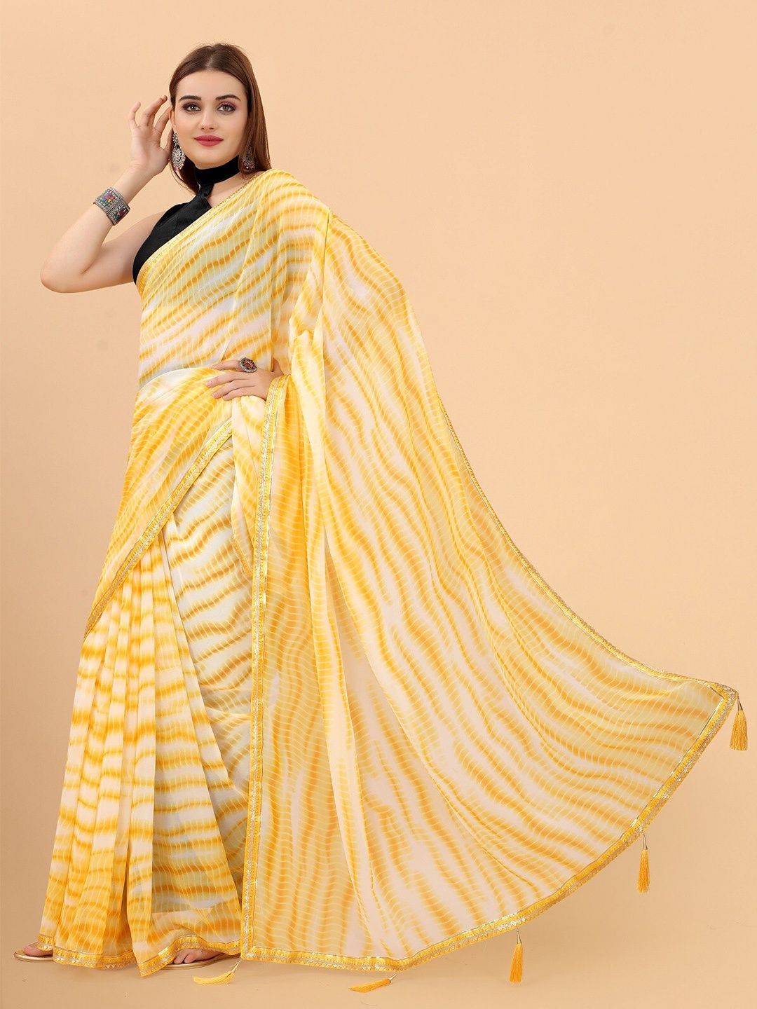 

M M Venture Yellow & White Tie and Dye Sequinned Pure Georgette Saree