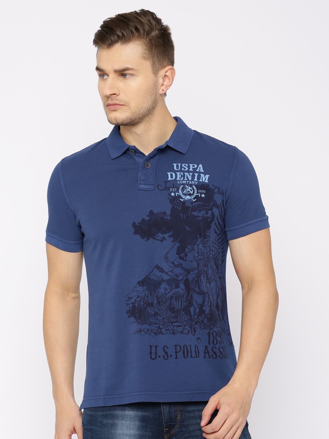 

U.S. Polo Assn. Denim Co. Men Blue Printed Polo Collar T-shirt