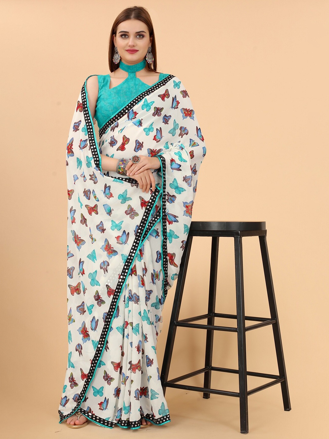 

M M Venture Blue & White Sequinned Pure Georgette Saree