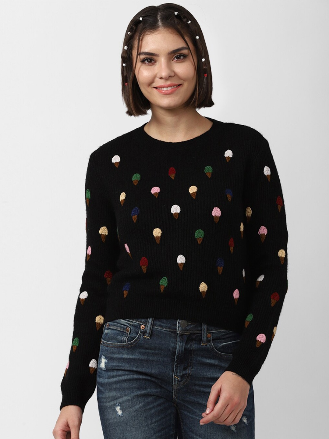 

FOREVER 21 Women Black & Pink Embroidered Pullover
