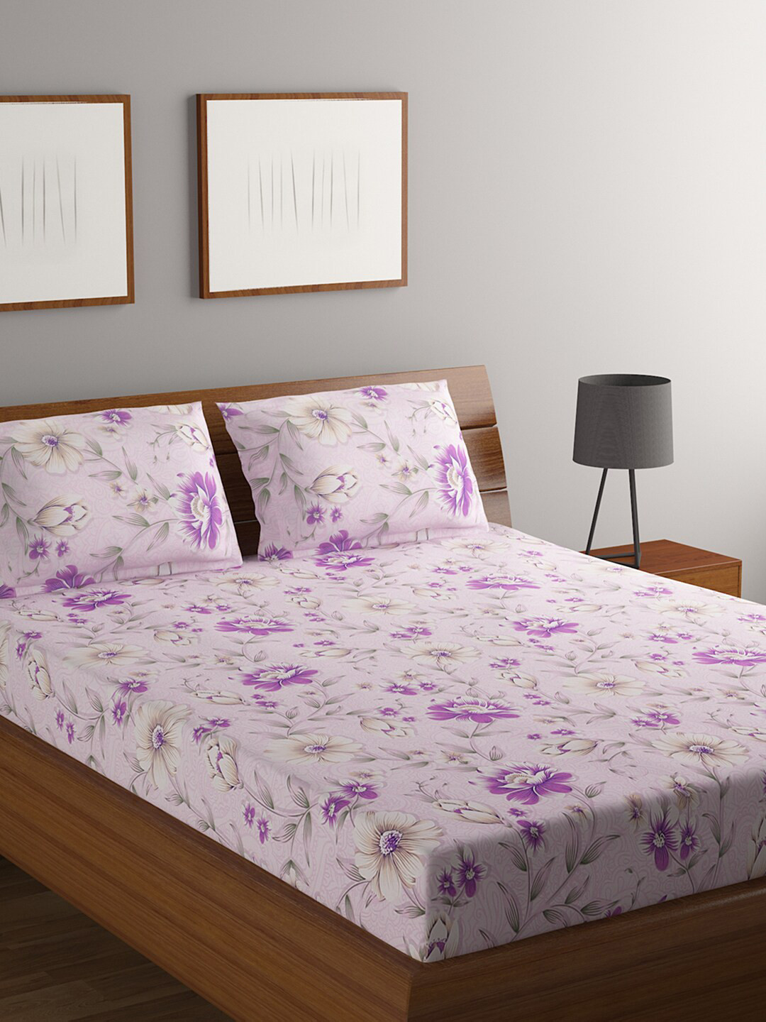 

BOMBAY DYEING Purple & Off White Floral 140 TC Cotton King Bedsheet with 2 Pillow Covers