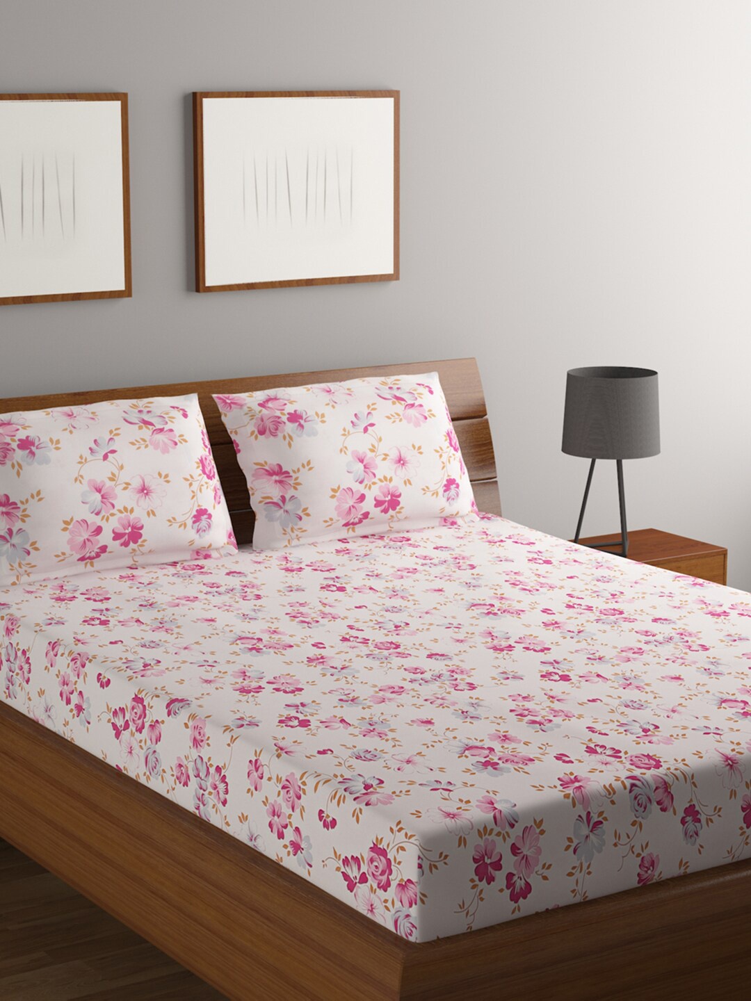 

BOMBAY DYEING White & Pink Floral 140 TC King Cotton Bedsheet with 2 Pillow Covers