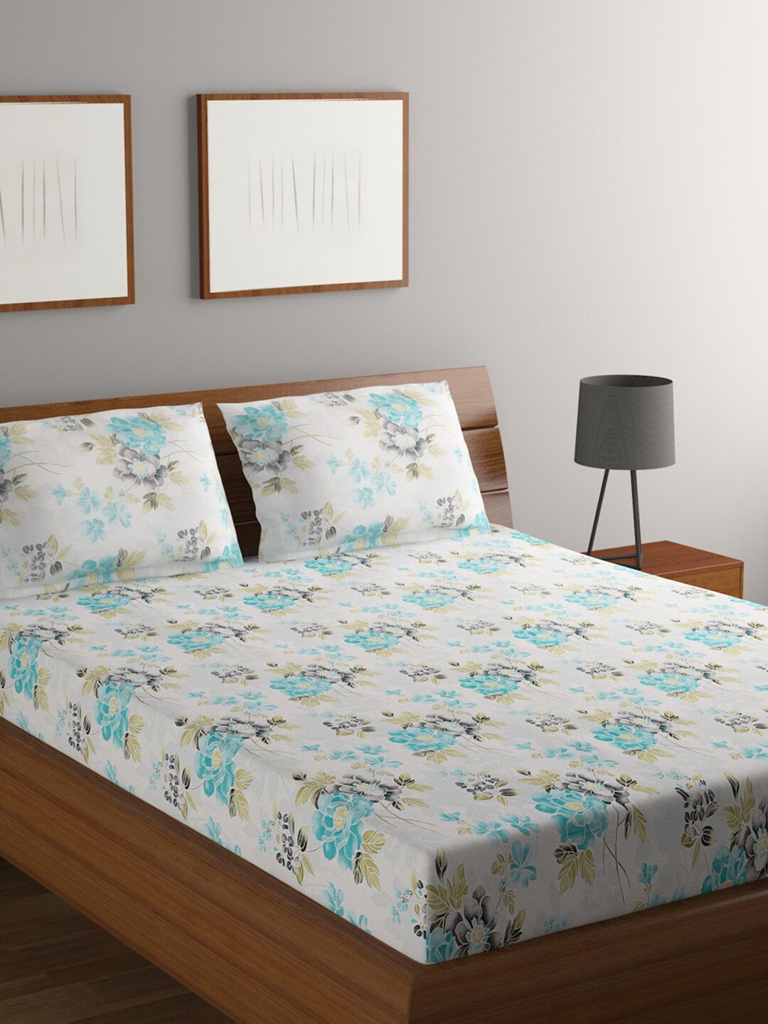 

BOMBAY DYEING White & Blue Elixir Floral 140 TC Cotton Queen Bedsheet with 2 Pillow Covers