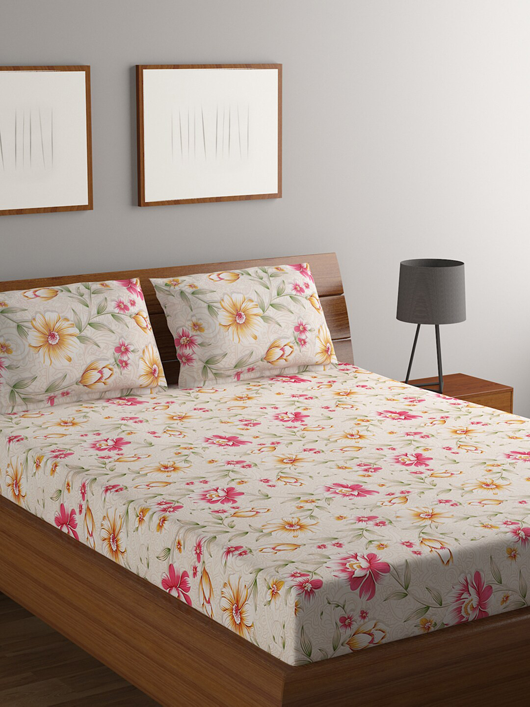 

BOMBAY DYEING Elixir Off White & Pink Floral 140 TC Queen Bedsheet with 2 Pillow Covers