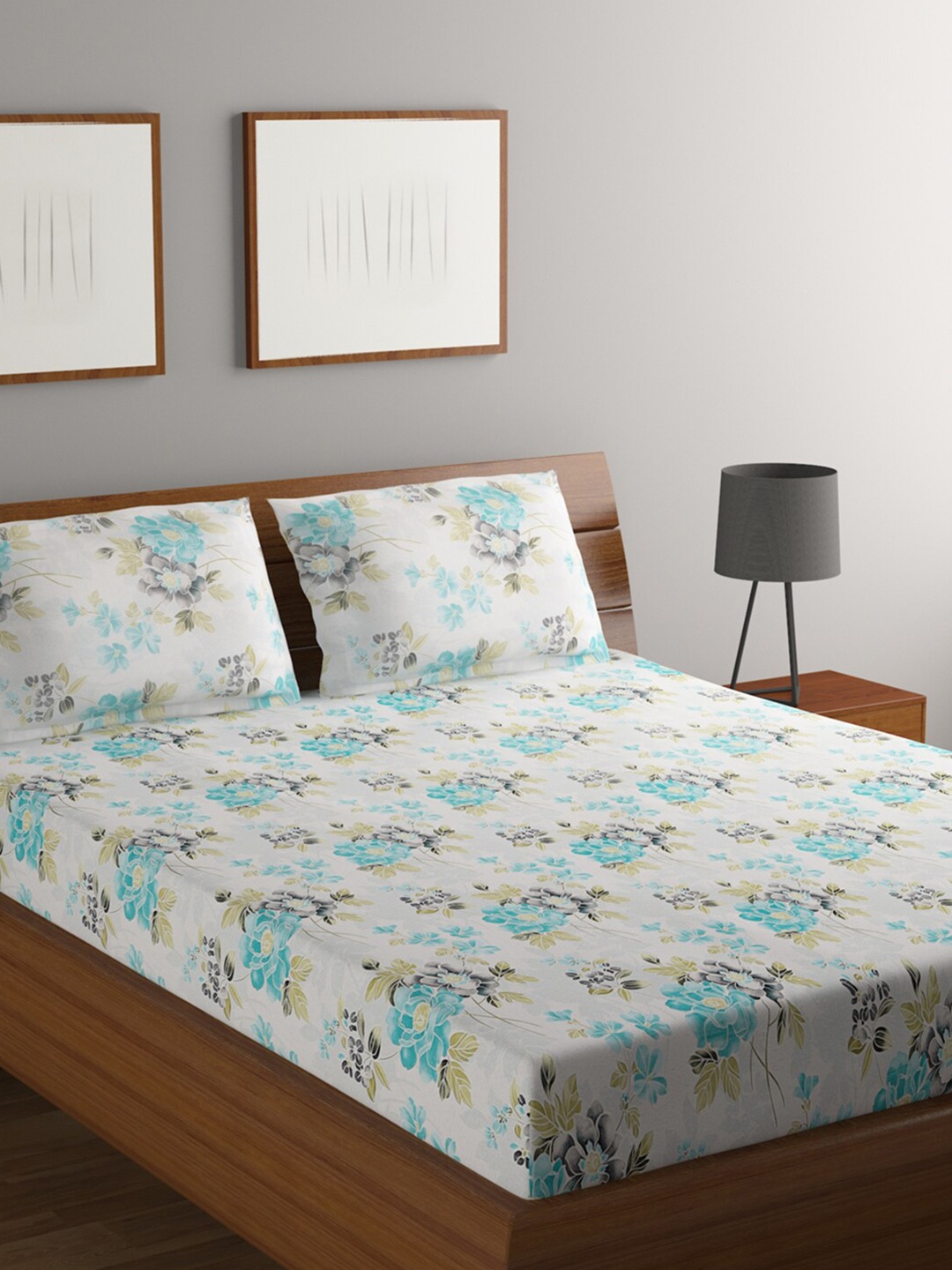 

BOMBAY DYEING White & Blue Cotton Floral 140 TC King Bedsheet with 2 Pillow Covers