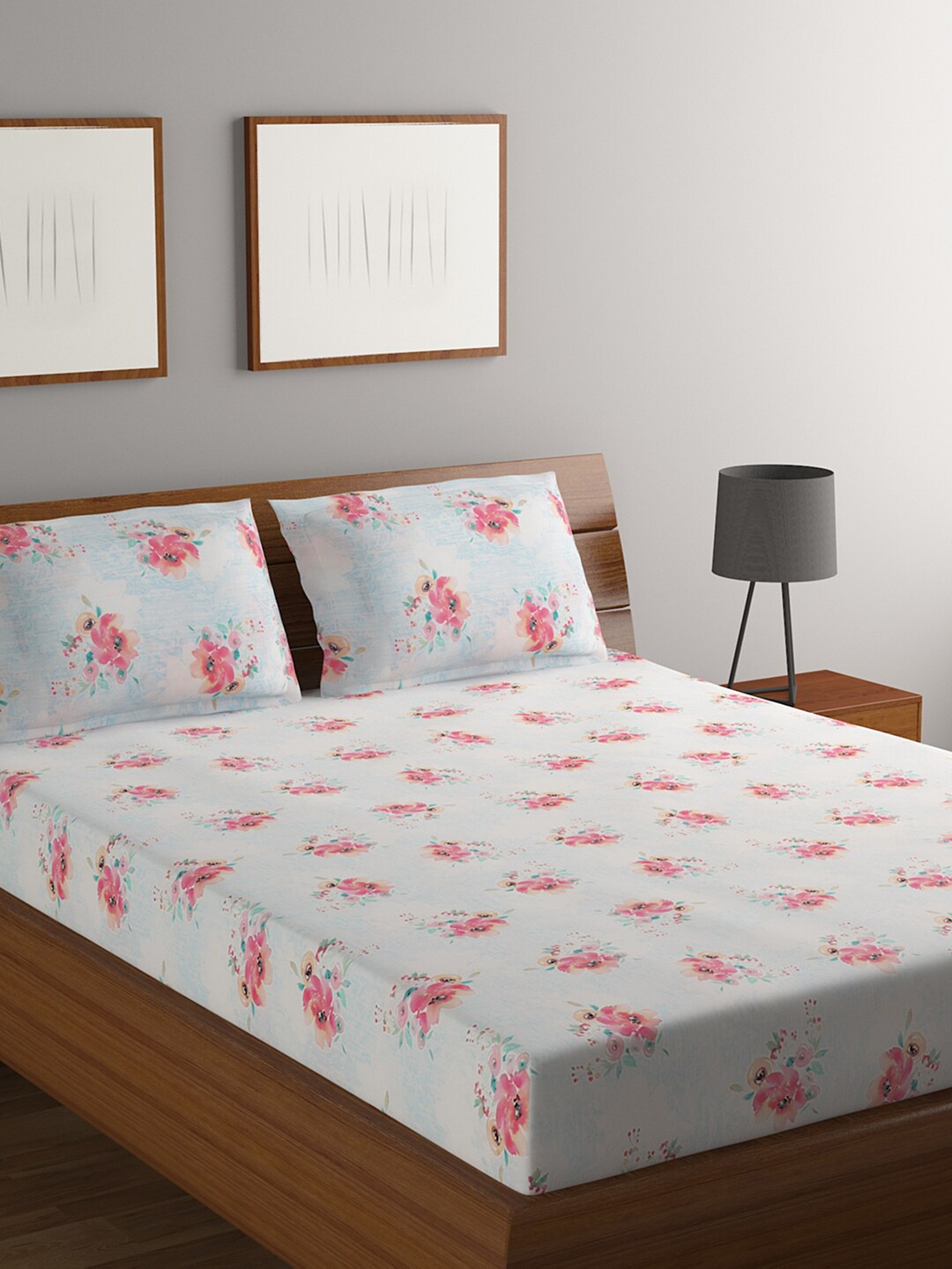 

BOMBAY DYEING Blue & Pink Floral Printed 140 TC Queen Bedsheet with 2 Pillow Covers