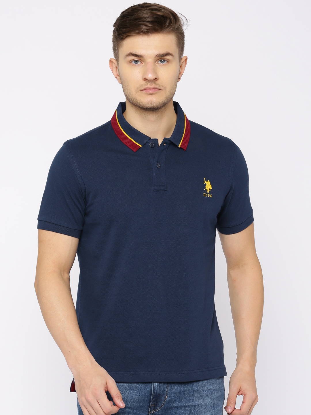 

U.S. Polo Assn. Men Navy Blue Solid Polo Collar T-shirt