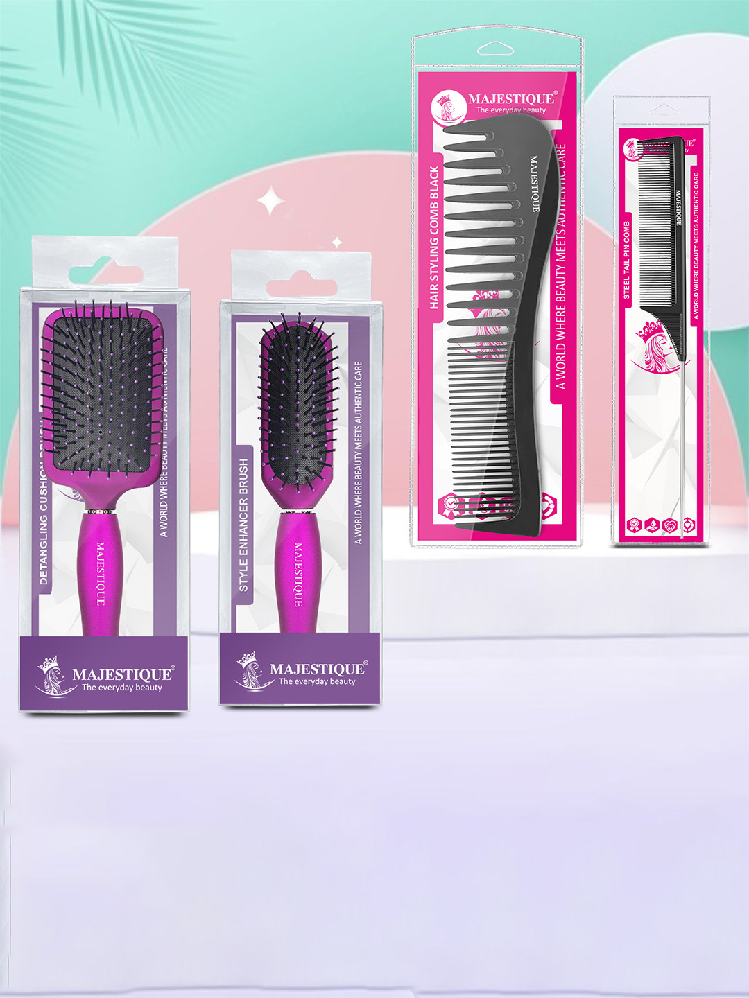 

MAJESTIQUE Set of 4 Hair Brushes - Paddle - Styler - Tail Comb - Wide Comb, Black