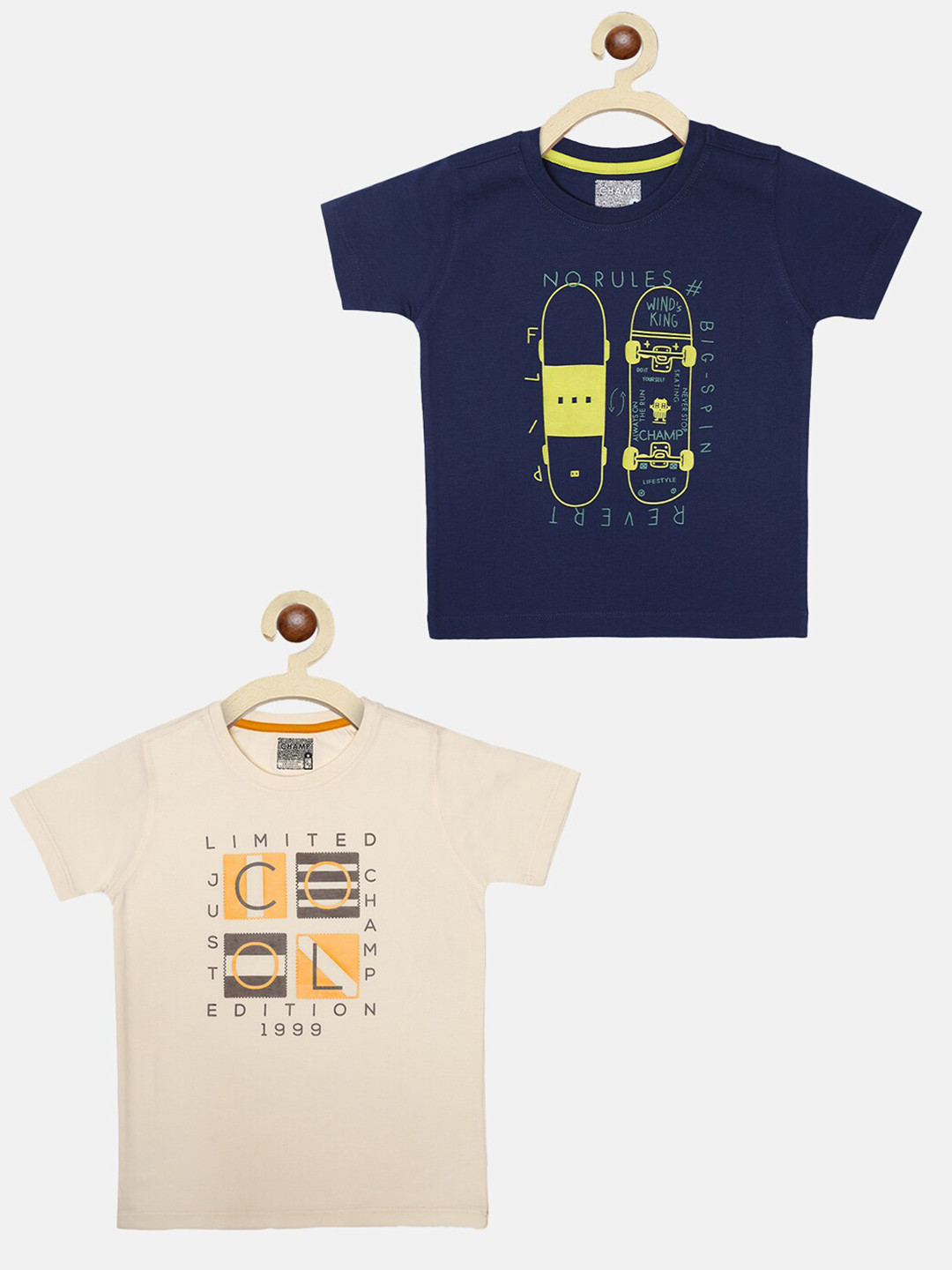 

AXM CHAMP Boys Pack Of 2 Cream-Coloured & Navy Blue Printed T-shirt