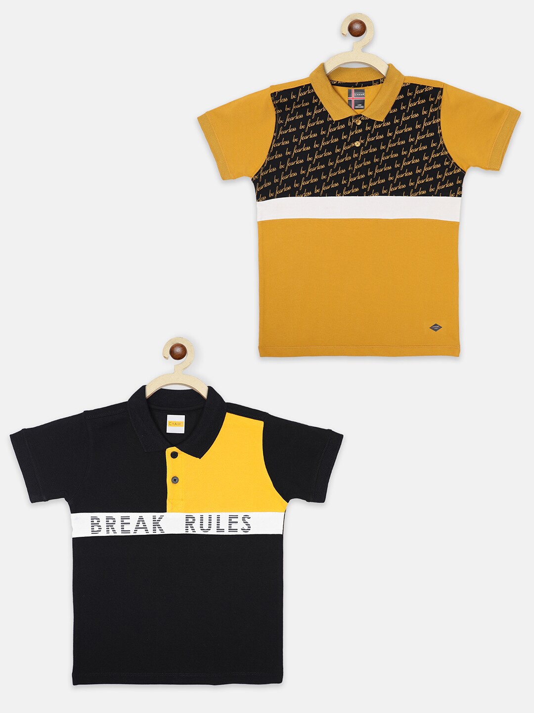 

AXM CHAMP Boys Pack of 2 Black & Yellow Colourblocked Polo Collar Cotton T-shirt