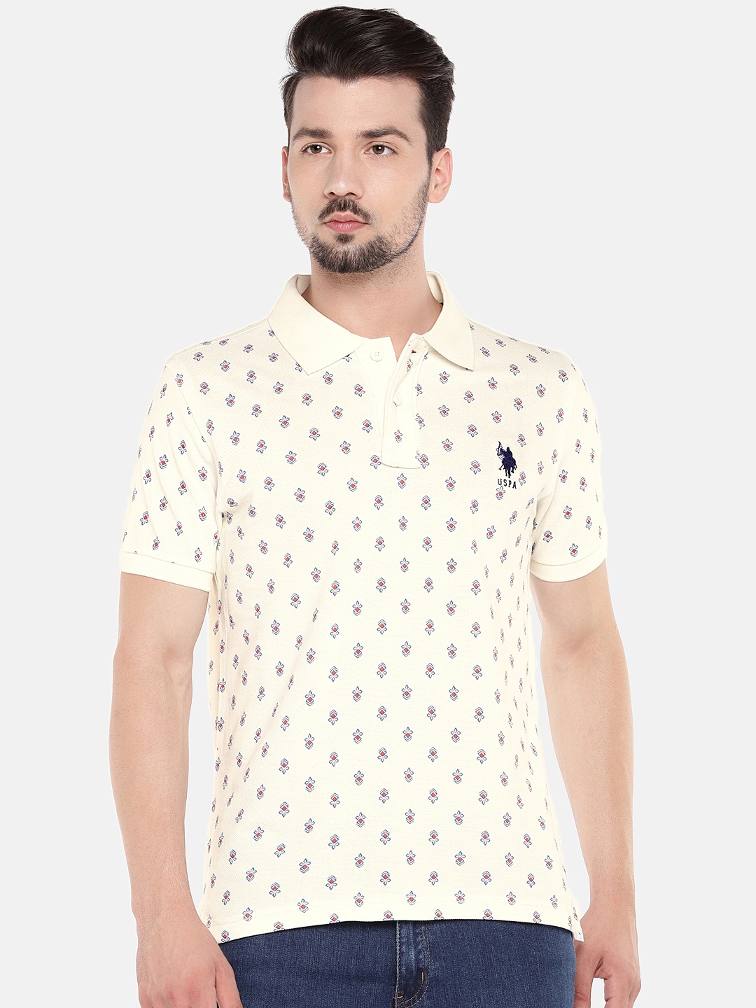 

U.S. Polo Assn. Men Off-White Printed Polo Collar T-shirt