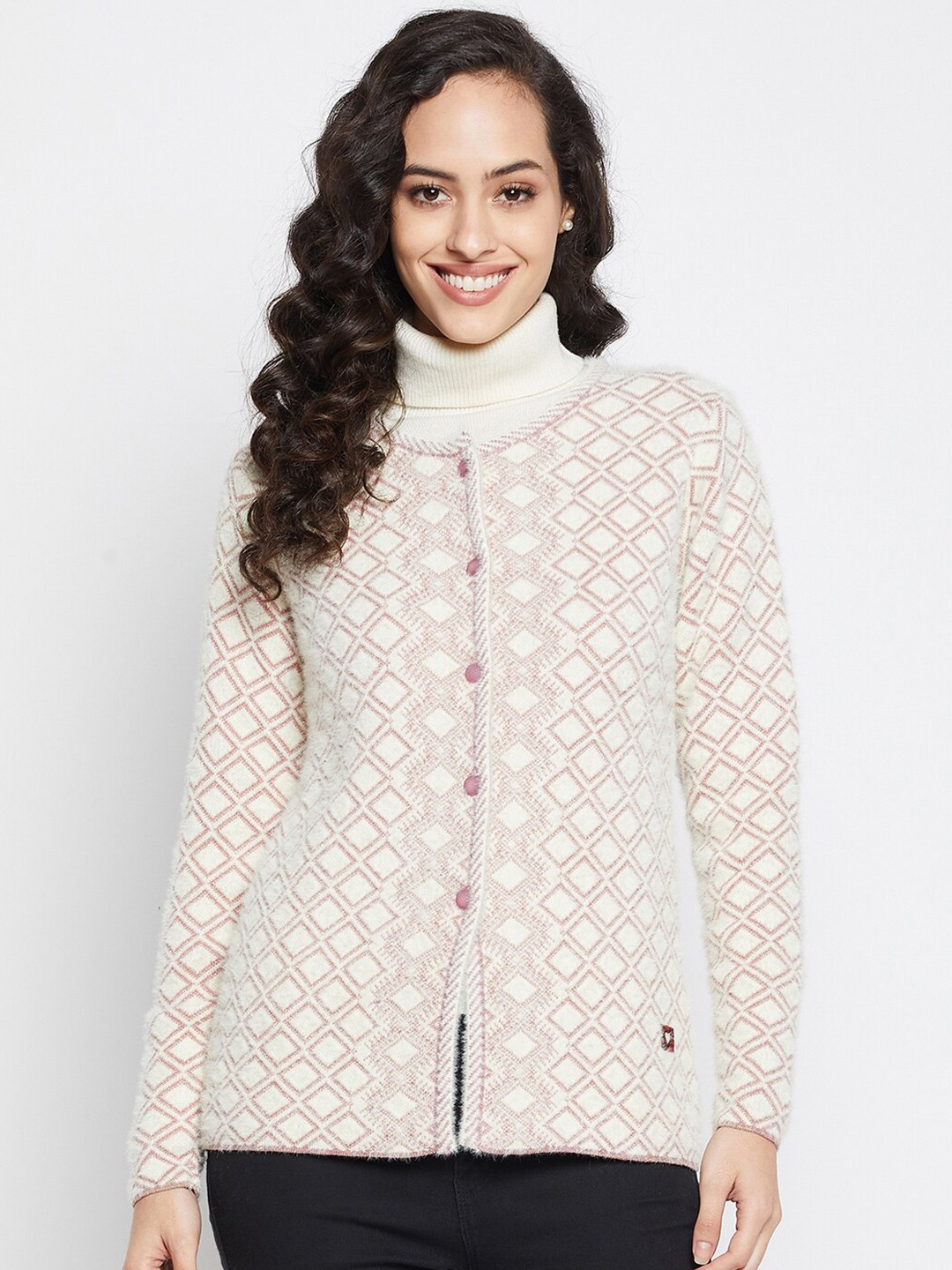 

Duke Women Off White & Pink Self Design Cardigan Sweaters
